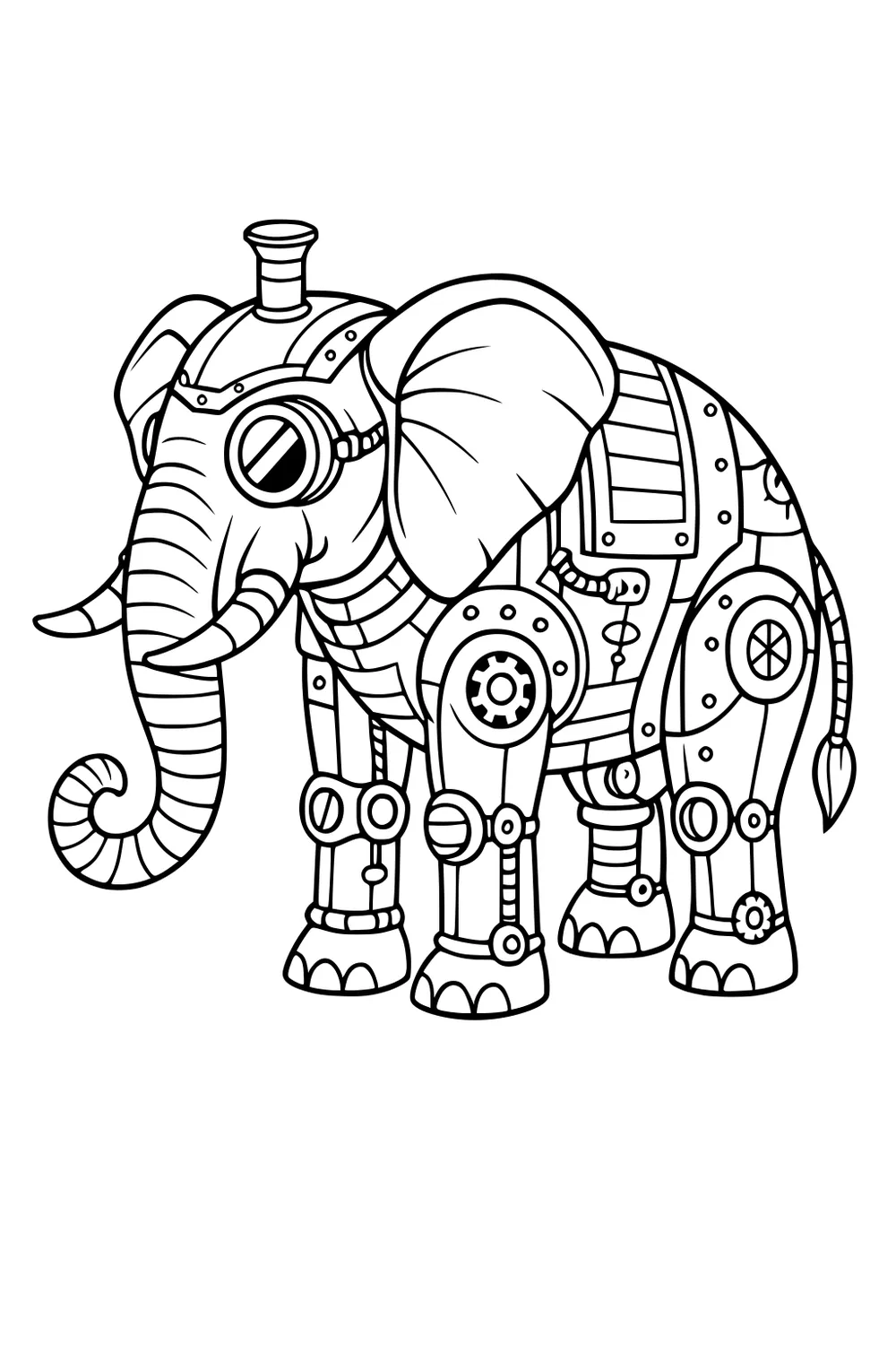 Mechanical steampunk elephant with gears, metal plates, and a stovepipe hat on its head