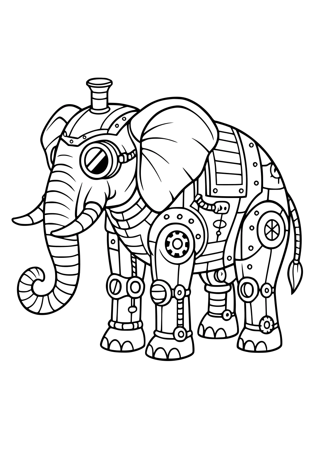 Mechanical steampunk elephant with gears, metal plates, and a stovepipe hat on its head