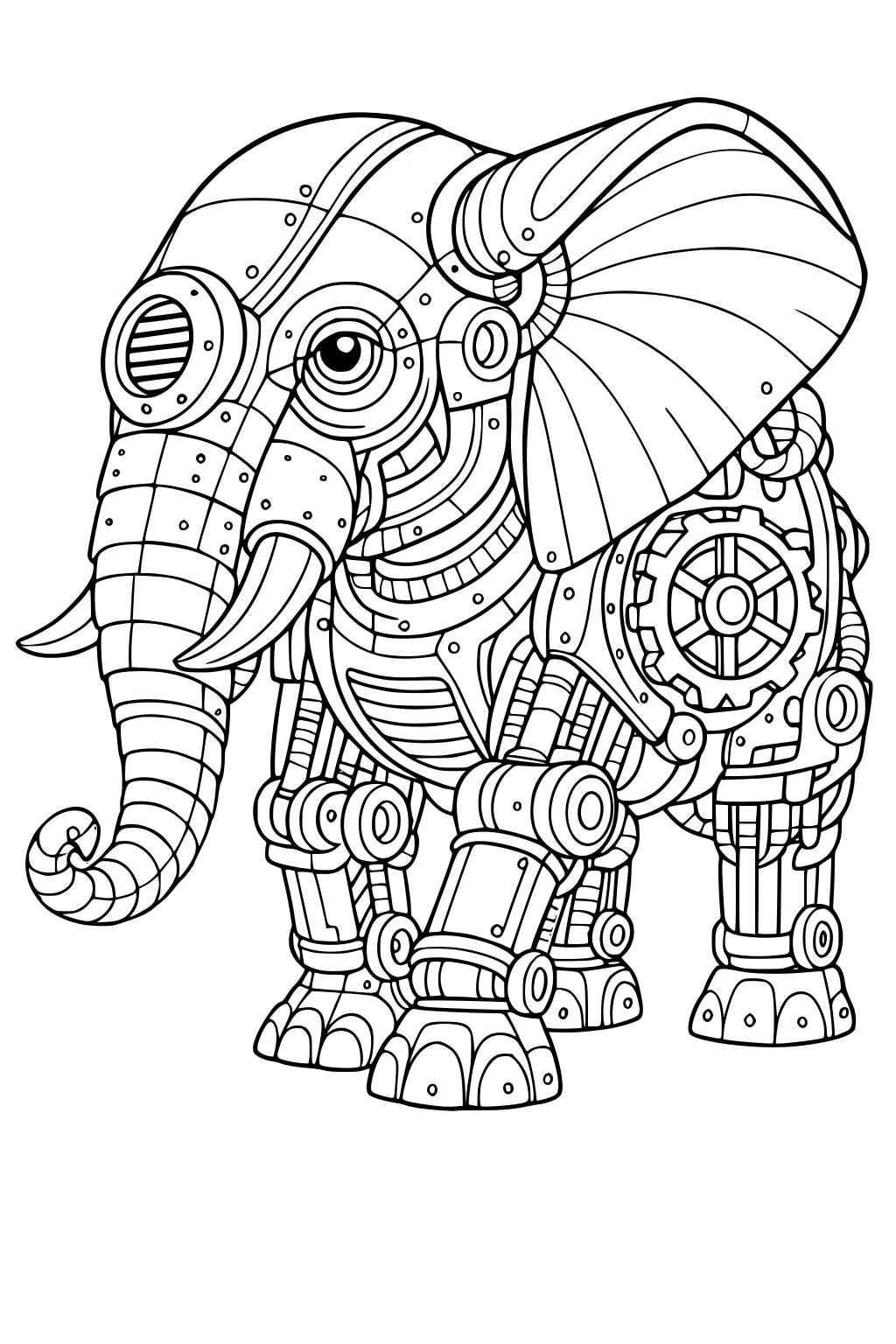 Robot elephant with gears, bolts, segmented legs, circular patterns, and a mechanical spiral trunk.