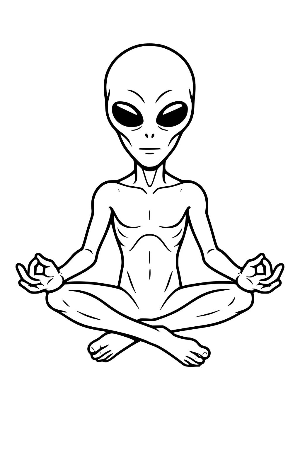 Alien with large eyes sits cross-legged in lotus pose, hands in meditation mudra, simple line drawing on a blank background.