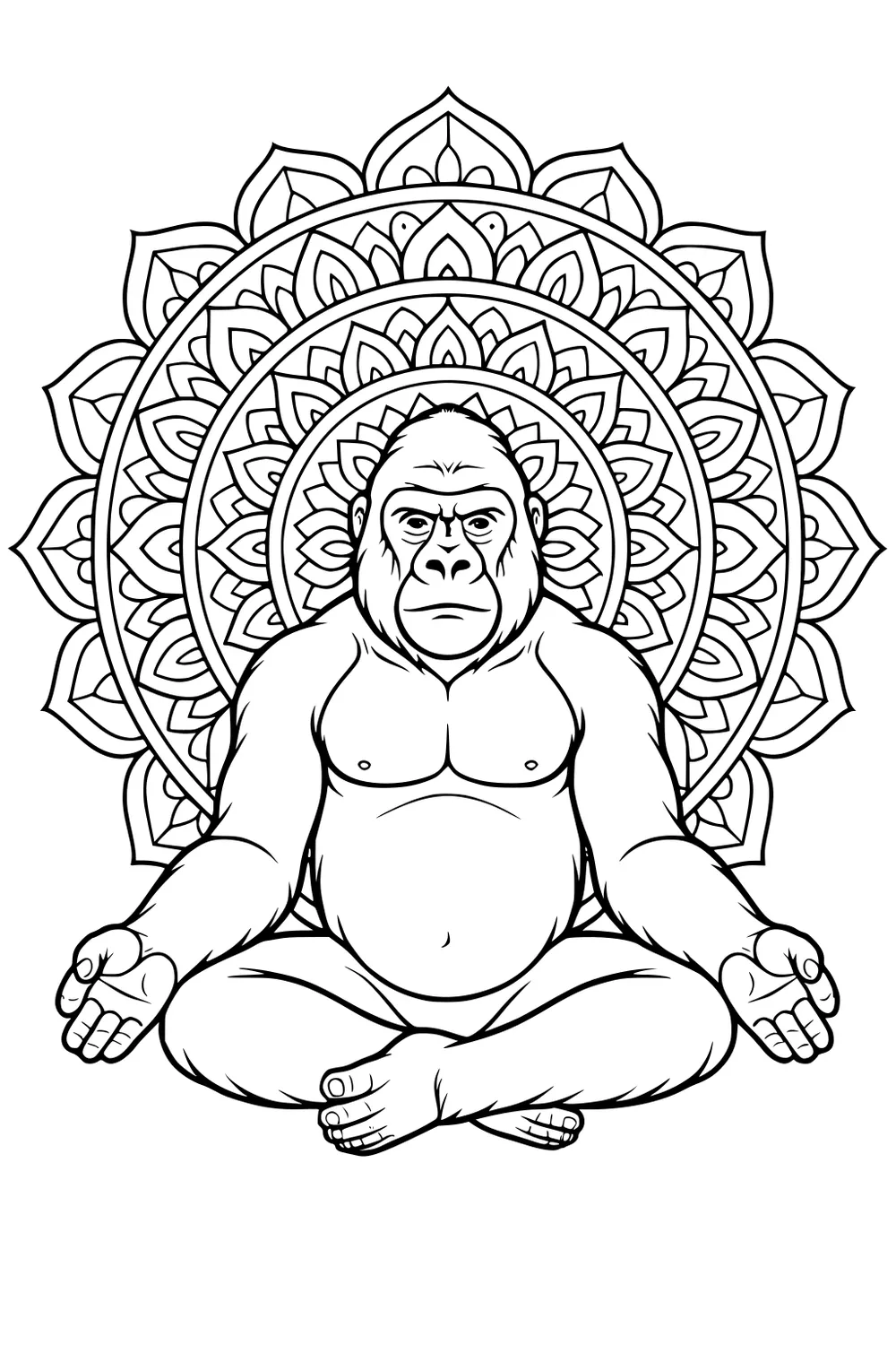 Gorilla sitting cross-legged with open hands and a big mandala design behind him.