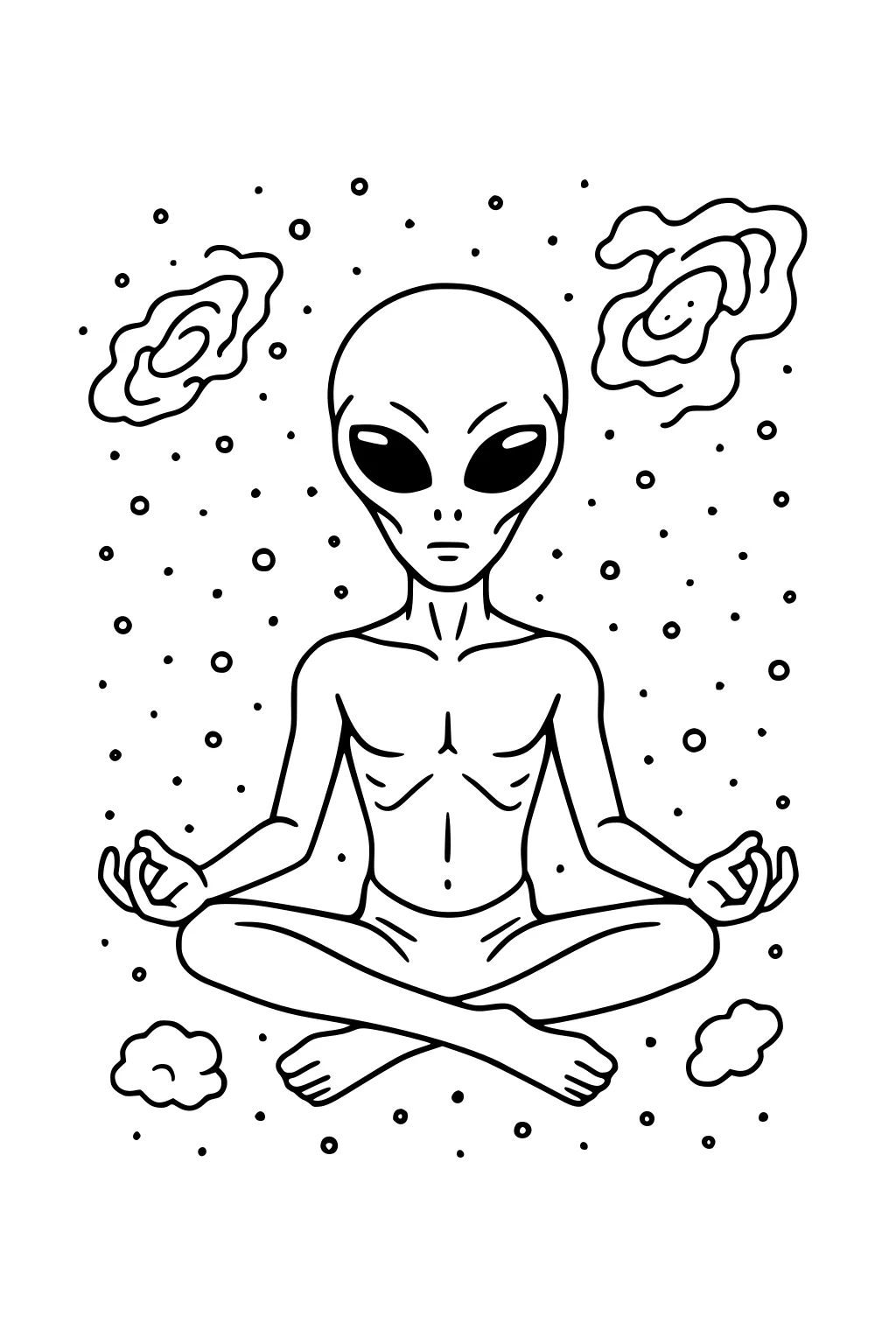 Alien meditating in lotus pose with big black eyes, starry background, two spiral galaxies, and small clouds around.