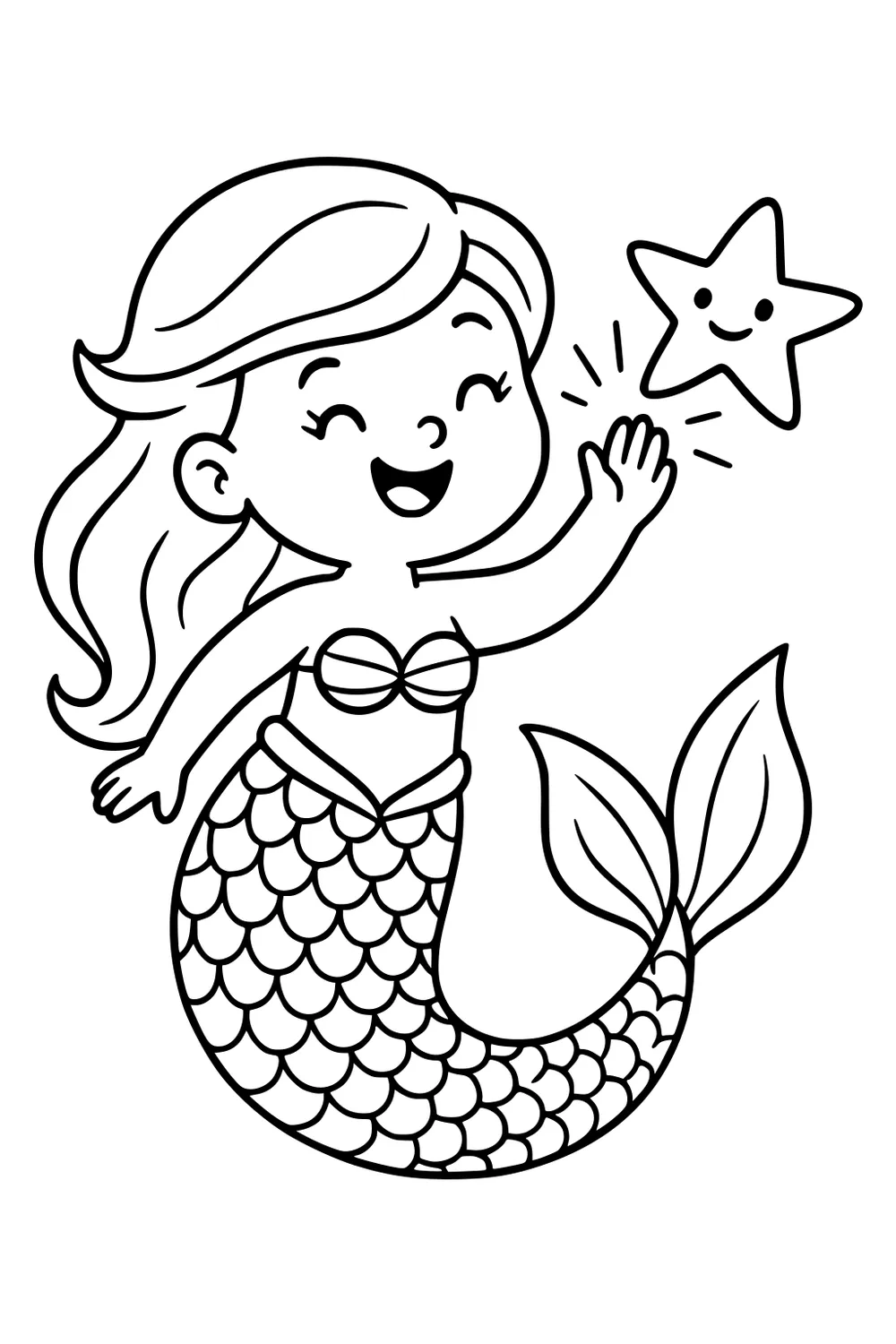 Smiling mermaid girl with flowing hair and scaled tail waves to a happy starfish; simple outlines with shell top and big fin.