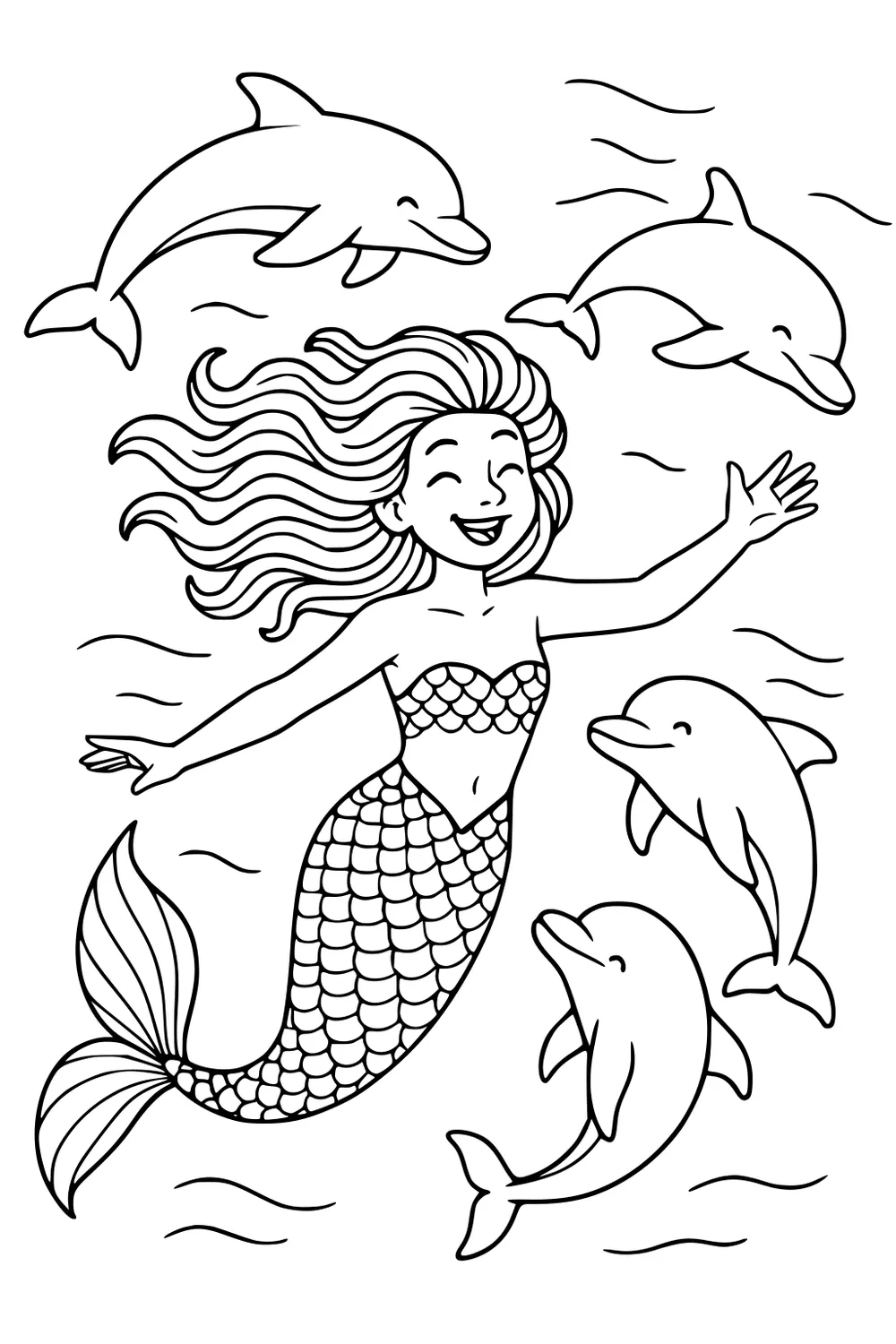 Smiling mermaid with wavy hair swims with four dolphins, arms outstretched, scaled tail and fin, simple wave lines.