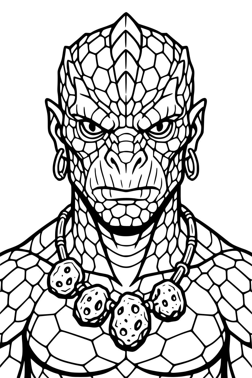 Reptilian alien boy portrait with hexagon scales, hoop earrings, and a meteor-stone necklace, shown in bold line art from shoulders up.