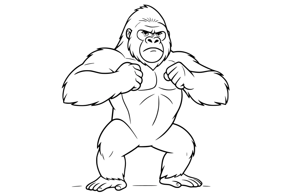 Cartoon gorilla standing with fists raised and serious face, showing thick arms, fur, and large feet.