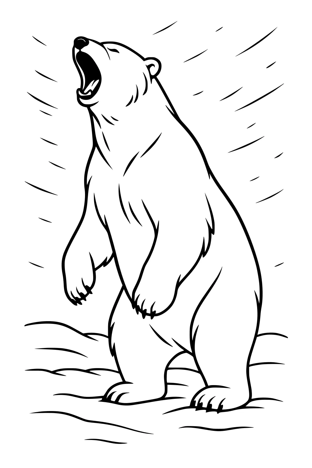 Standing polar bear on snow with mouth open, lines around head showing loud roar or strong wind.