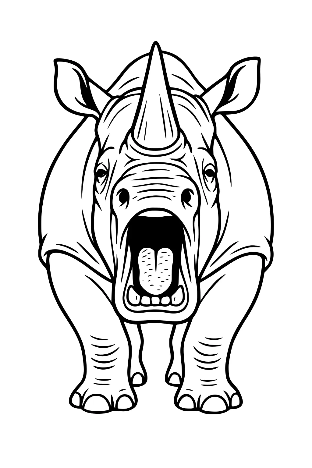Rhinoceros standing front-facing with wide open mouth, detailed horn, folded ears, and visible feet.