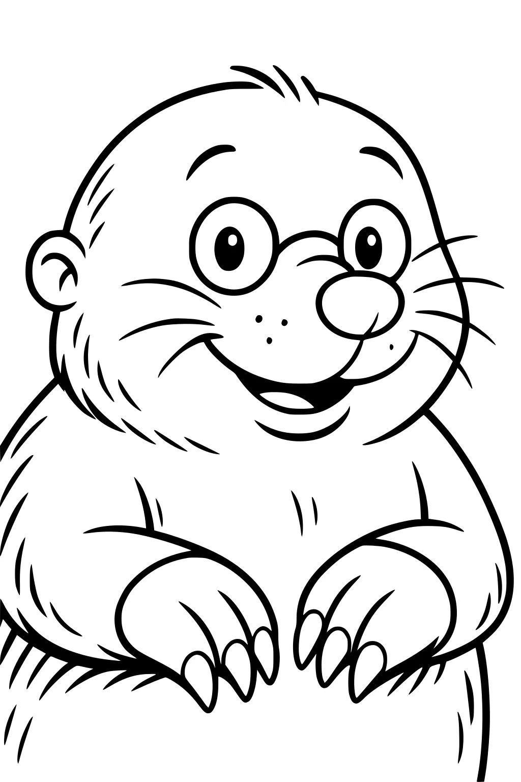 Cartoon mole wearing round glasses, smiling, with furry paws and whiskers visible.