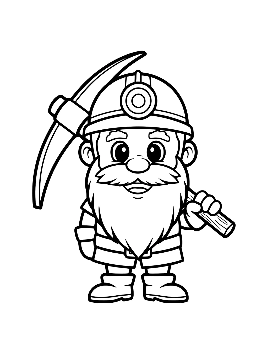 Cartoon dwarf miner with big beard, headlamp helmet, pickaxe on shoulder, belt and boots, smiling on a white background.