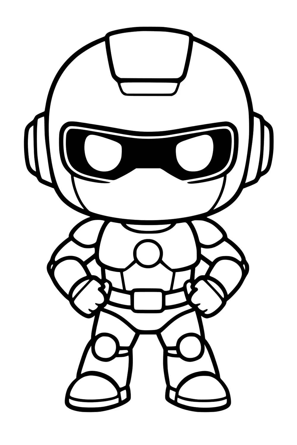 Chibi robot with large helmet and dark visor, fists on hips, round chest core, belt, pads, and big boots, no background.
