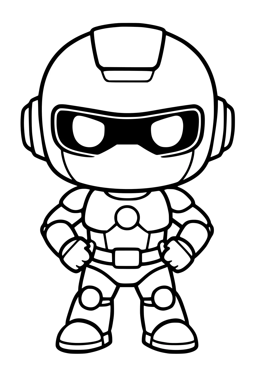 Chibi robot with large helmet and dark visor, fists on hips, round chest core, belt, pads, and big boots, no background.