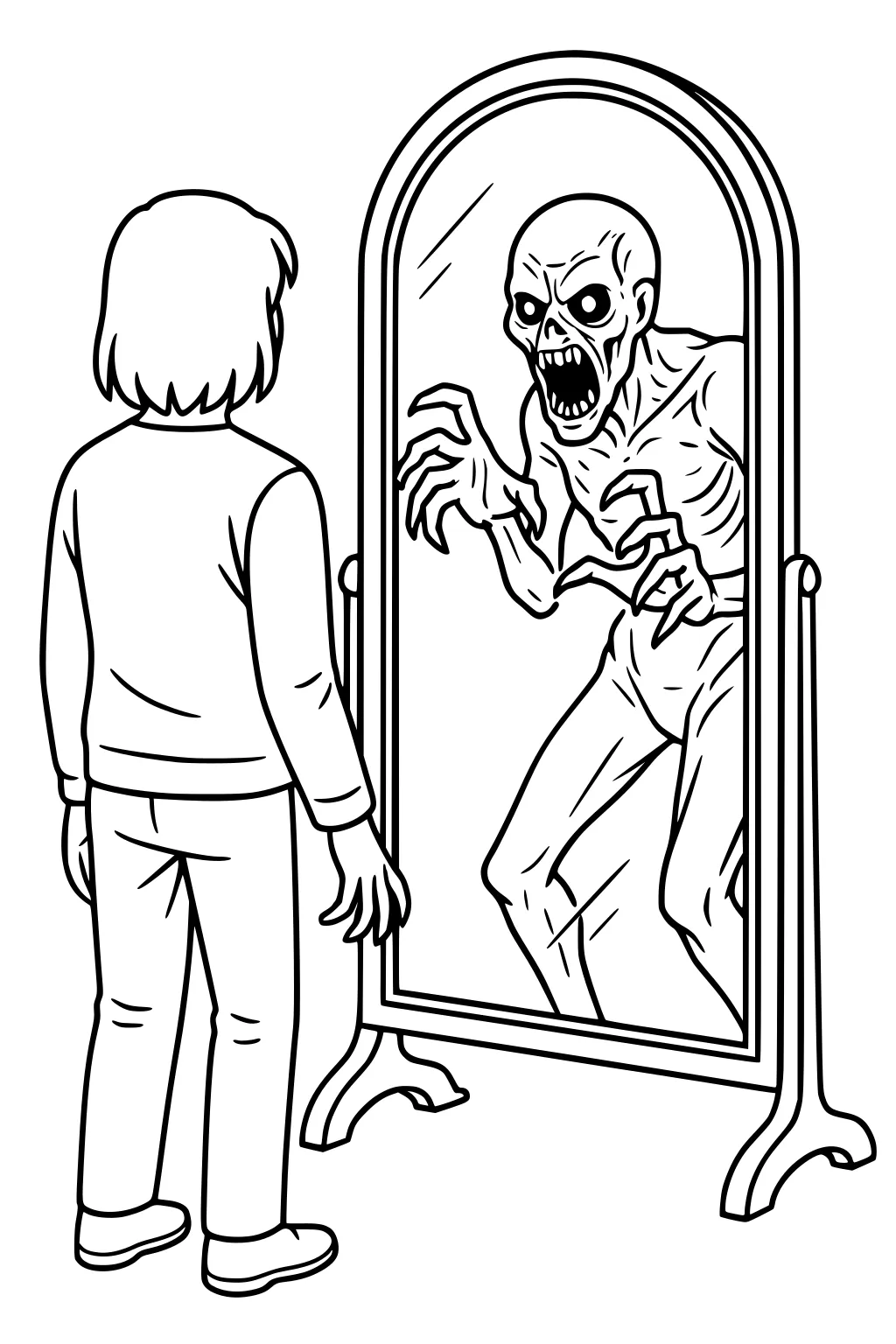 Boy faces standing mirror showing a gaunt demon reflection with open mouth and raised claws in simple line art.