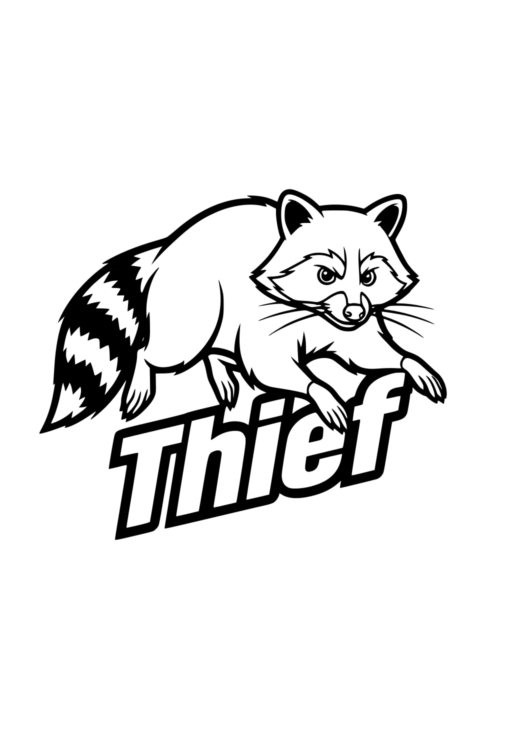 Raccoon with striped tail and alert eyes above the word Thief in big cartoon letters.