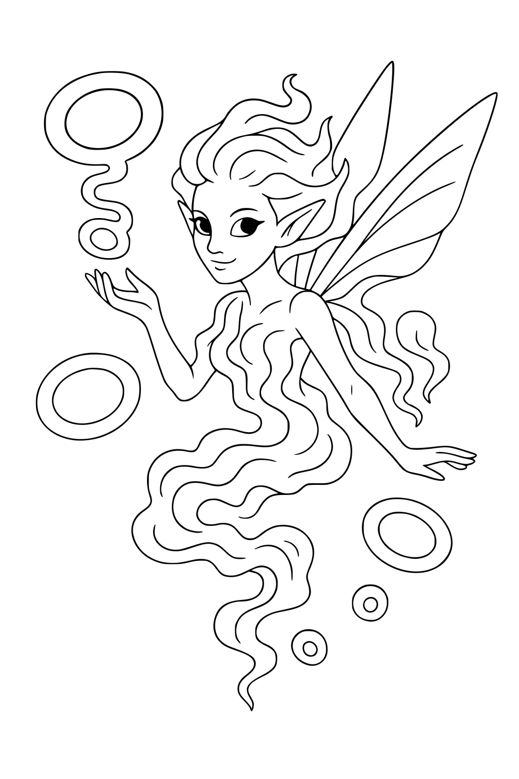 Smiling fairy girl with pointed ears, large wings, wavy hair, and a misty swirled body, floating with several bubble-like rings.