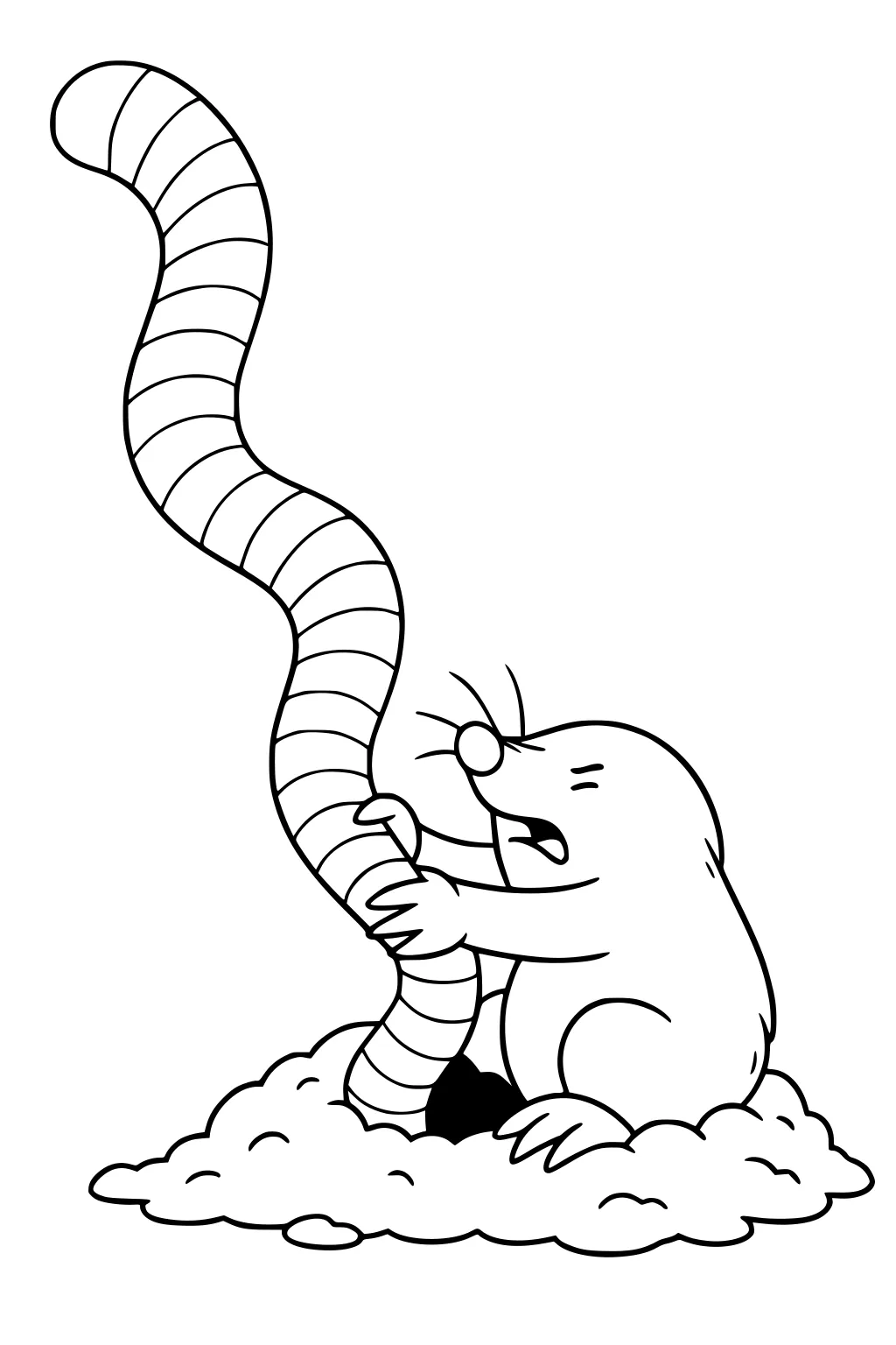Cartoon mole holding a big striped worm while sitting on a mound of dirt.