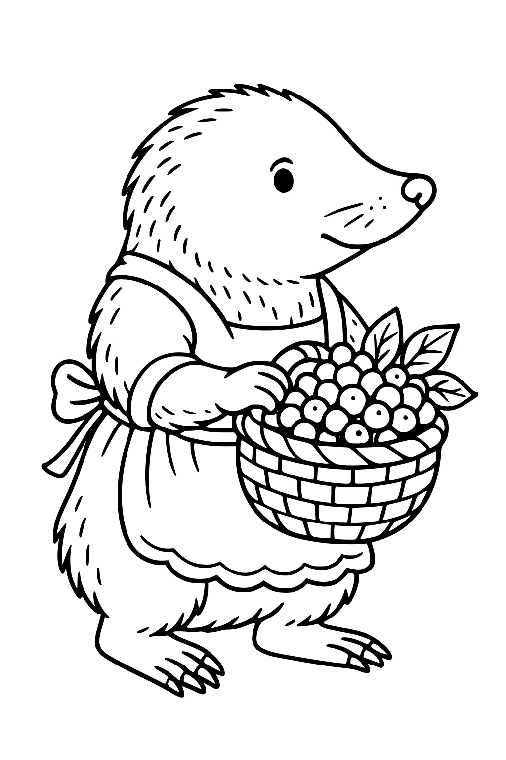 Mole in an apron holding a basket filled with berries and leaves, standing on hind legs.