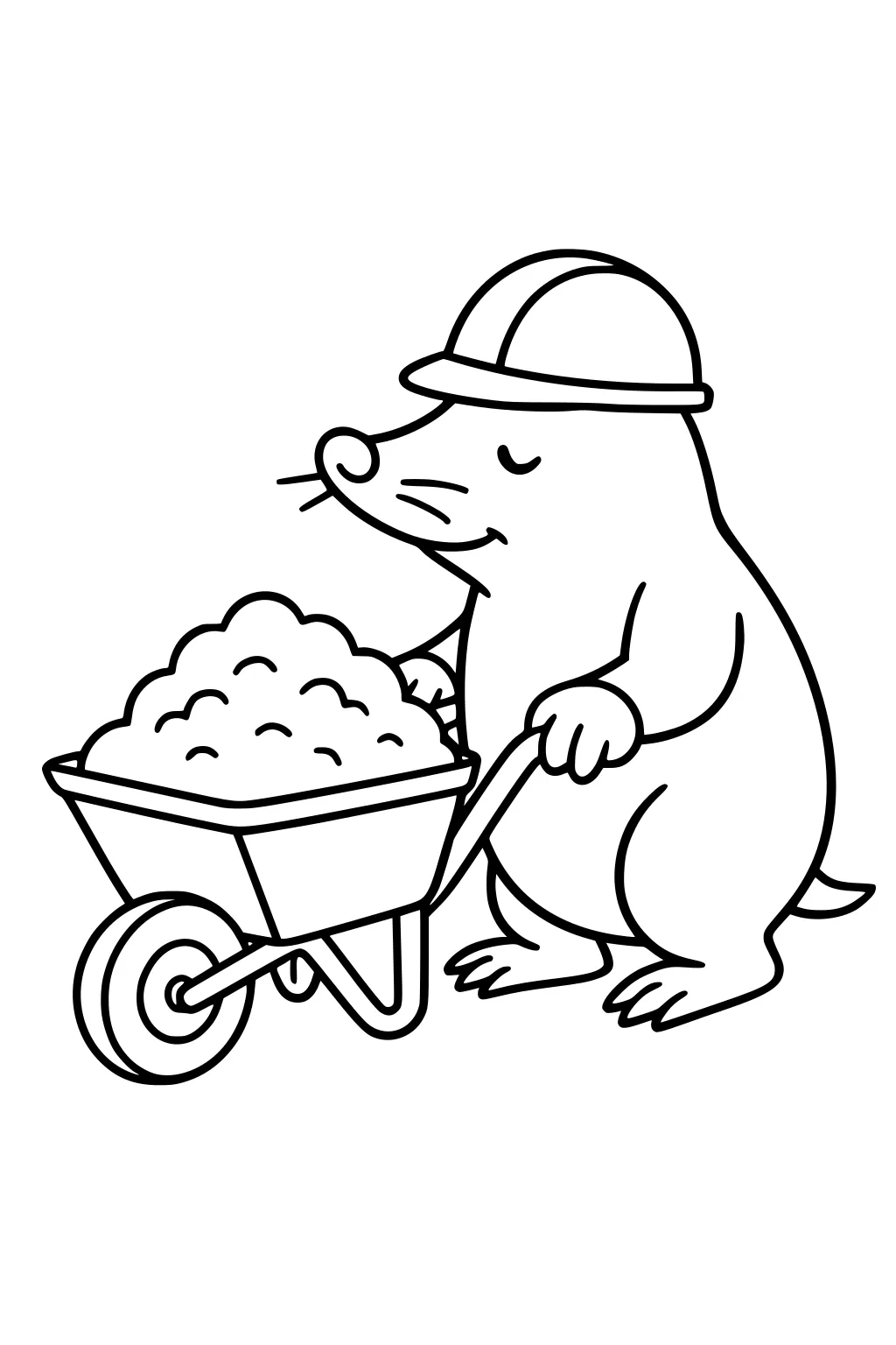 Mole in a hard hat pushing a wheelbarrow filled with soil.