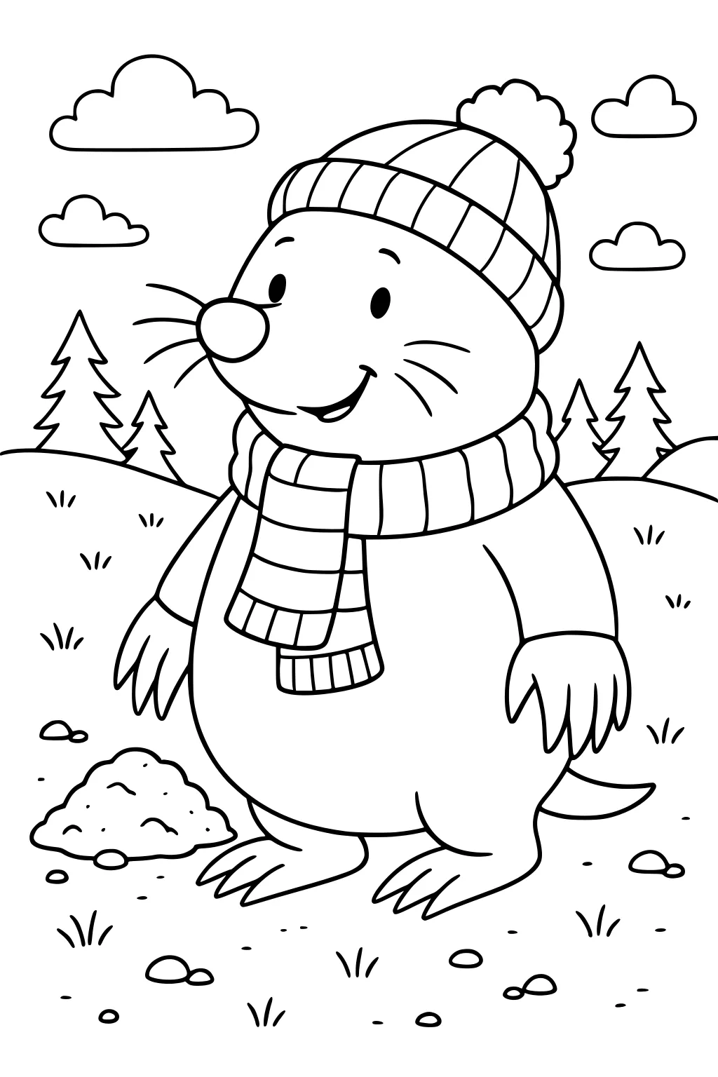 Mole with striped hat and scarf, standing on grass next to dirt mound, with trees and clouds in the background.