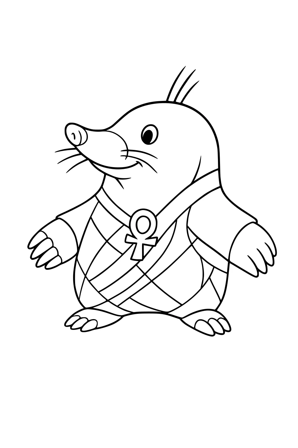Cartoon mole standing upright with a patterned sash and a round necklace, smiling and looking to the side.
