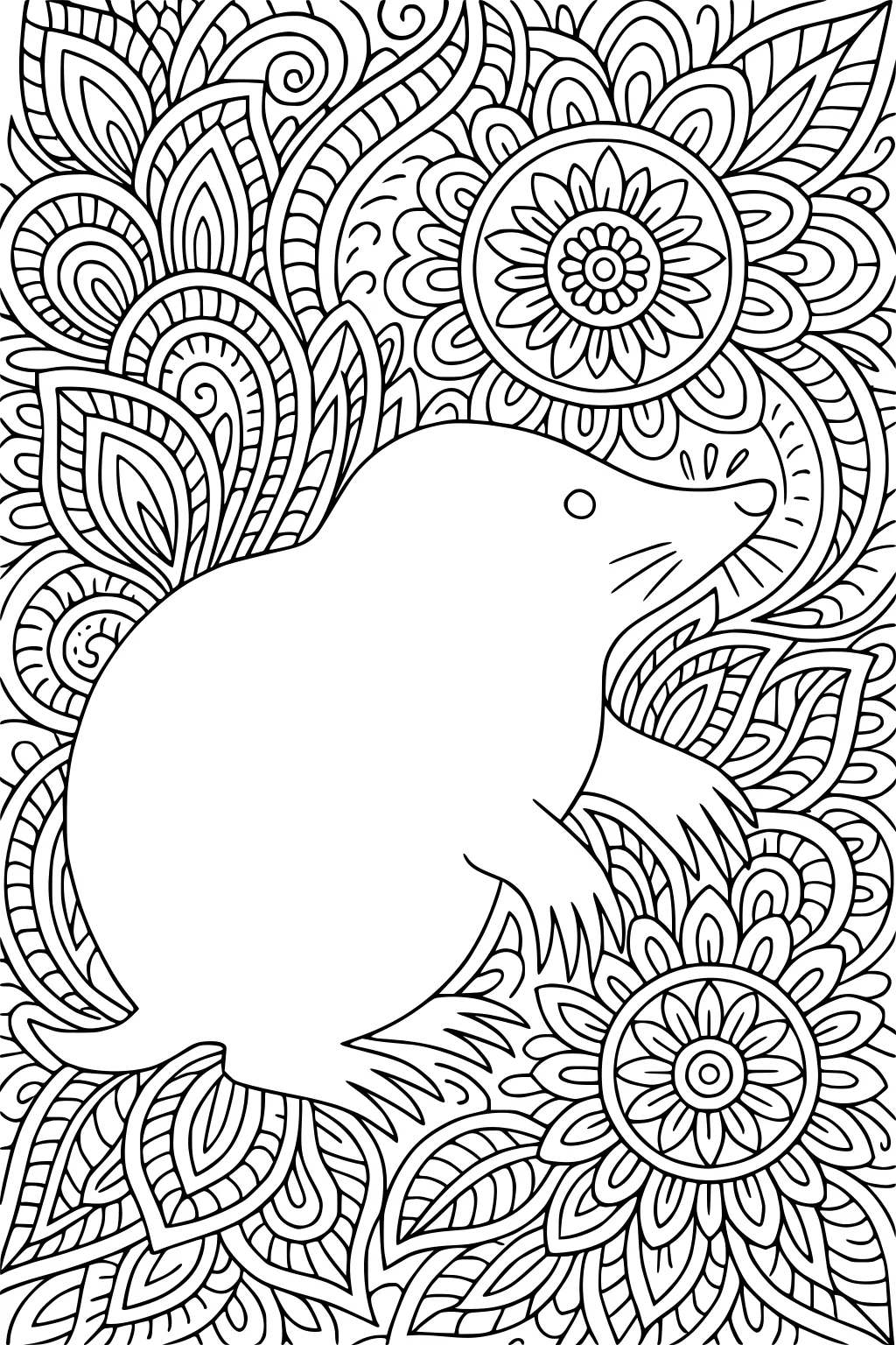 Mole with round body and pointy nose sitting among detailed floral and leaf patterns with swirling background.