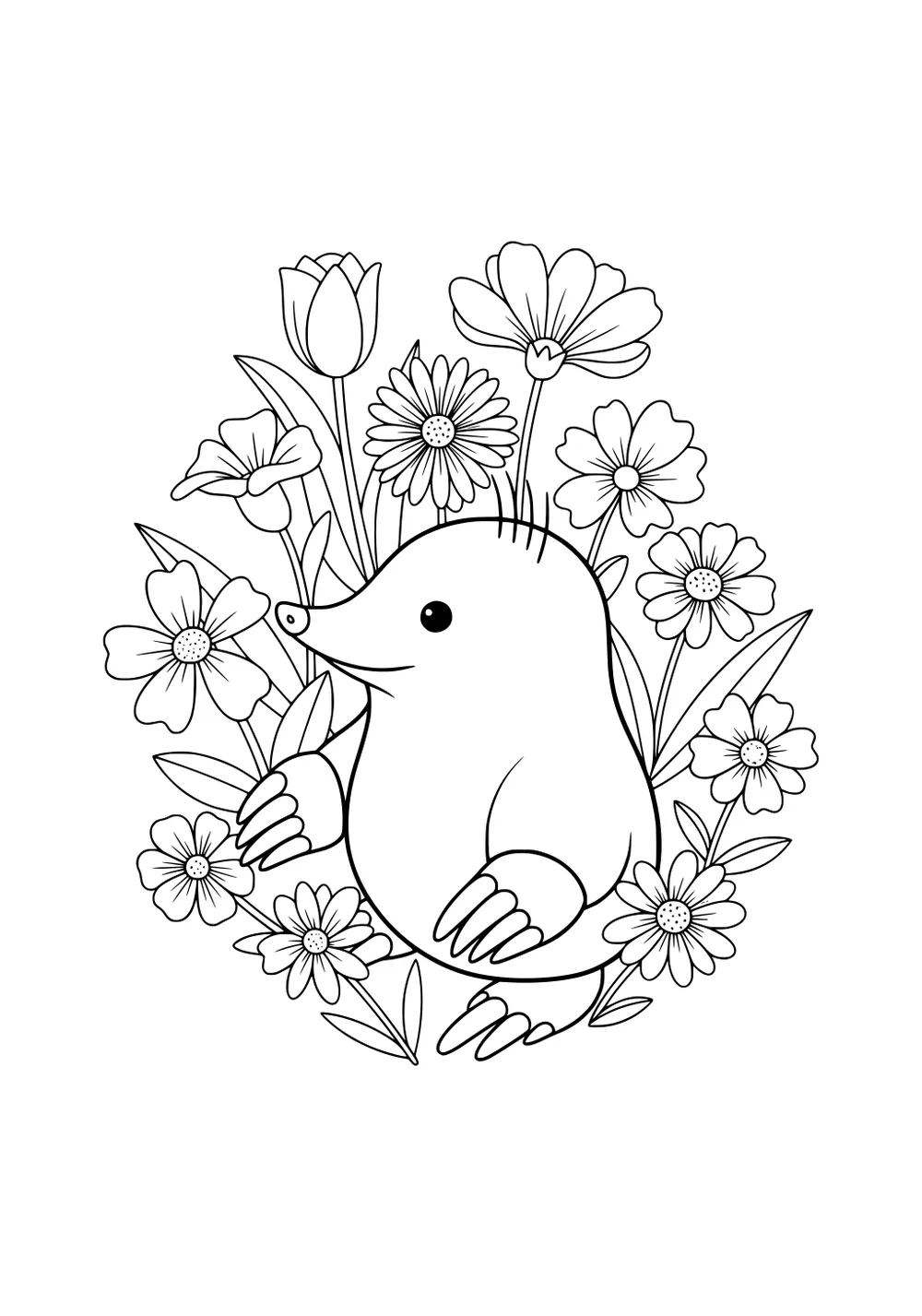 Cartoon mole sitting in the center of blooming wildflowers with large petals and tall stems.