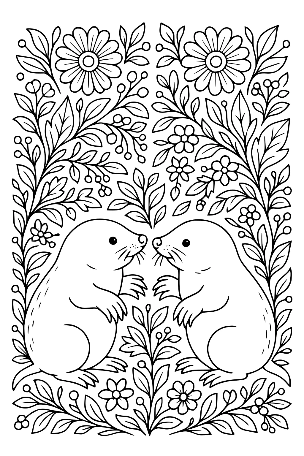 Two moles sitting face to face surrounded by detailed flowers, leaves, and berries.