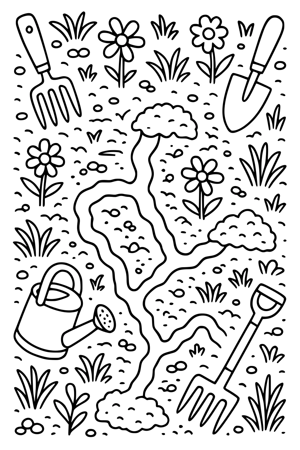 Garden scene with winding tunnels, piles of earth, daisies, grass, watering can, trowels, and garden forks.