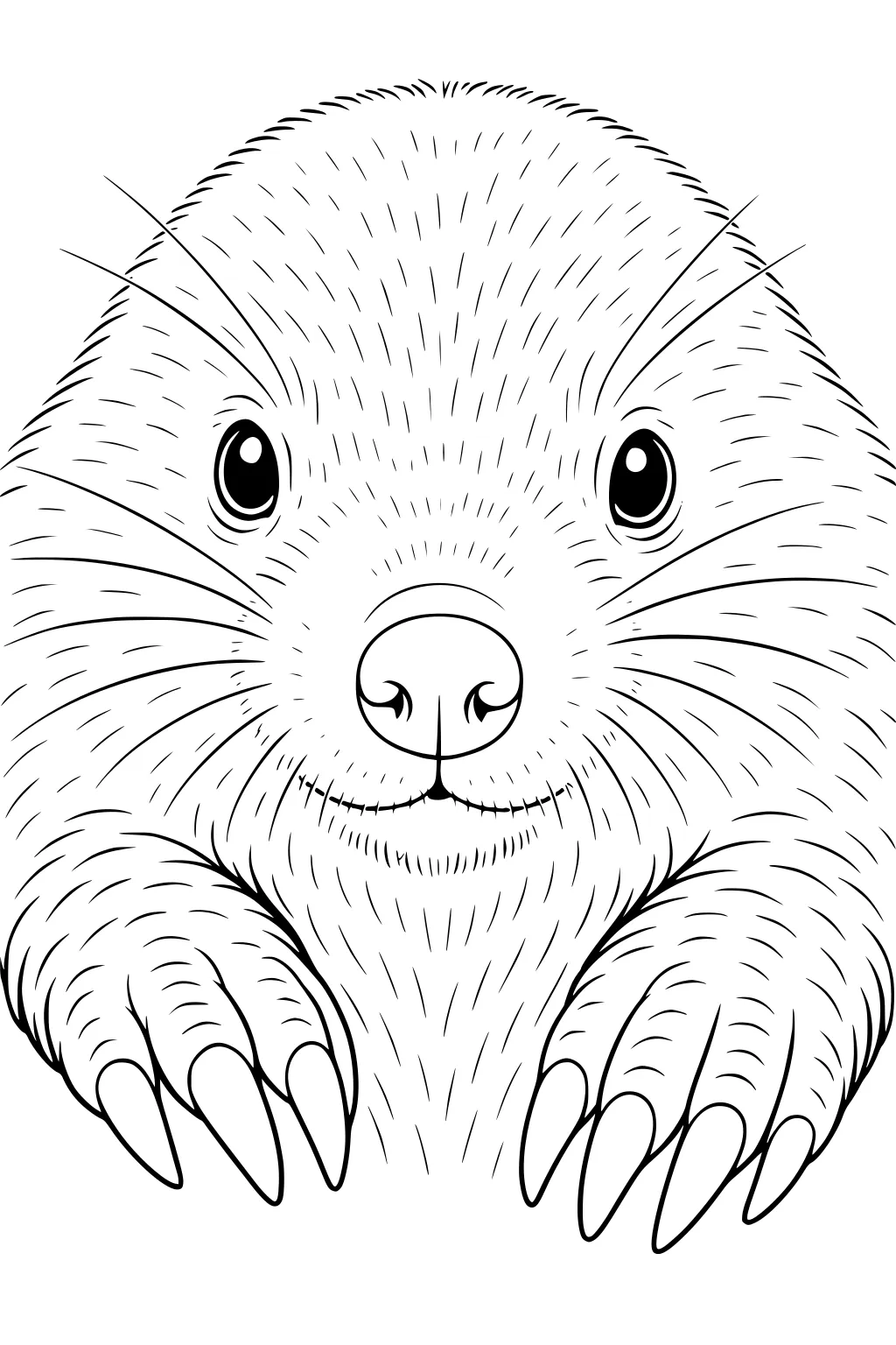 Mole face with round nose, big dark eyes, long whiskers, furry cheeks, and two wide paws with claws in front.