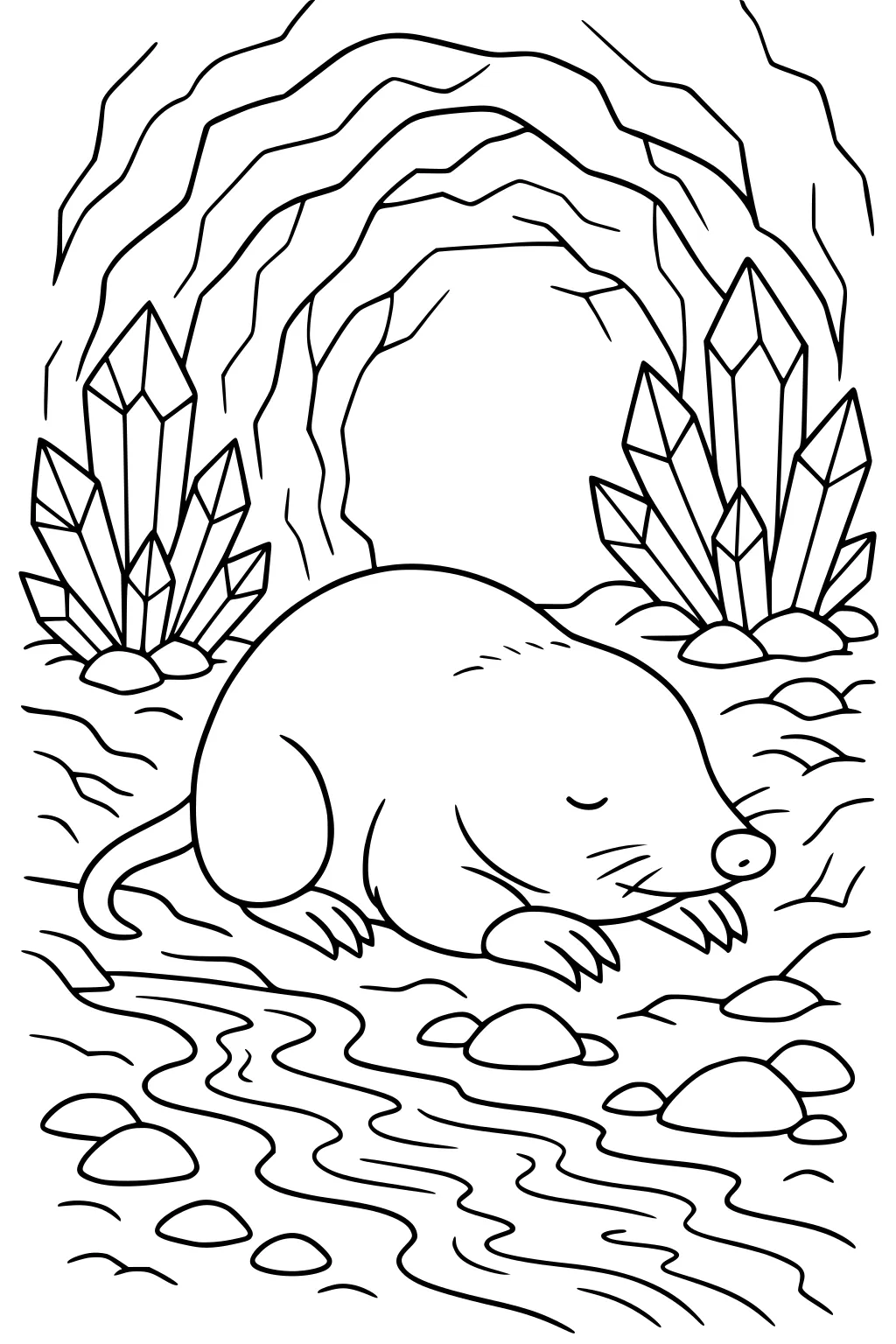 A sleeping mole inside a cave with large crystals, rocks, and a winding stream on the cave floor.