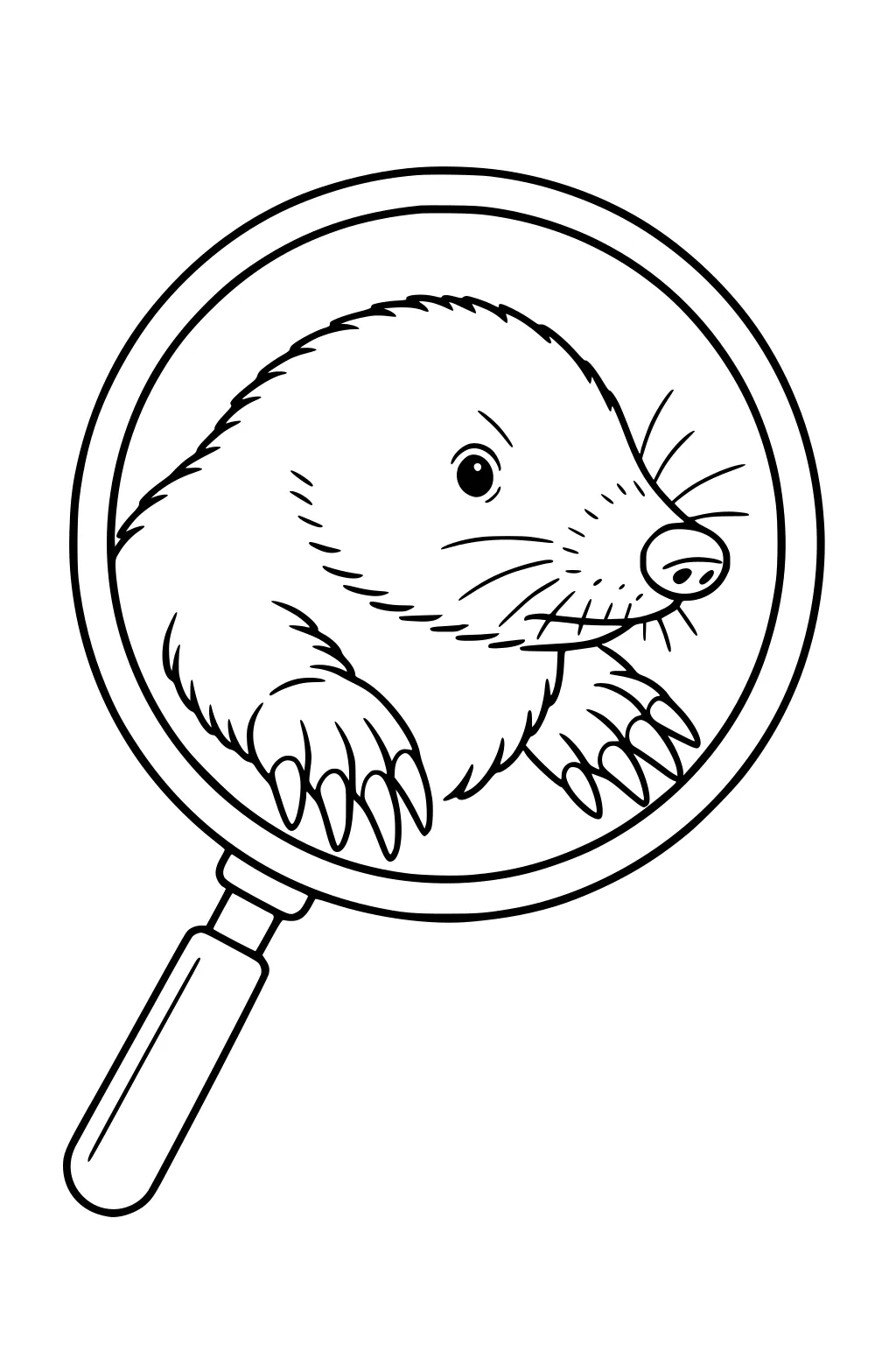 Mole under a large magnifying glass with its paws, snout, and whiskers clearly visible.