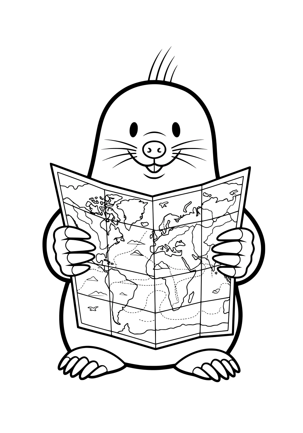 Cartoon mole standing upright holding a detailed map with continents and lines visible.