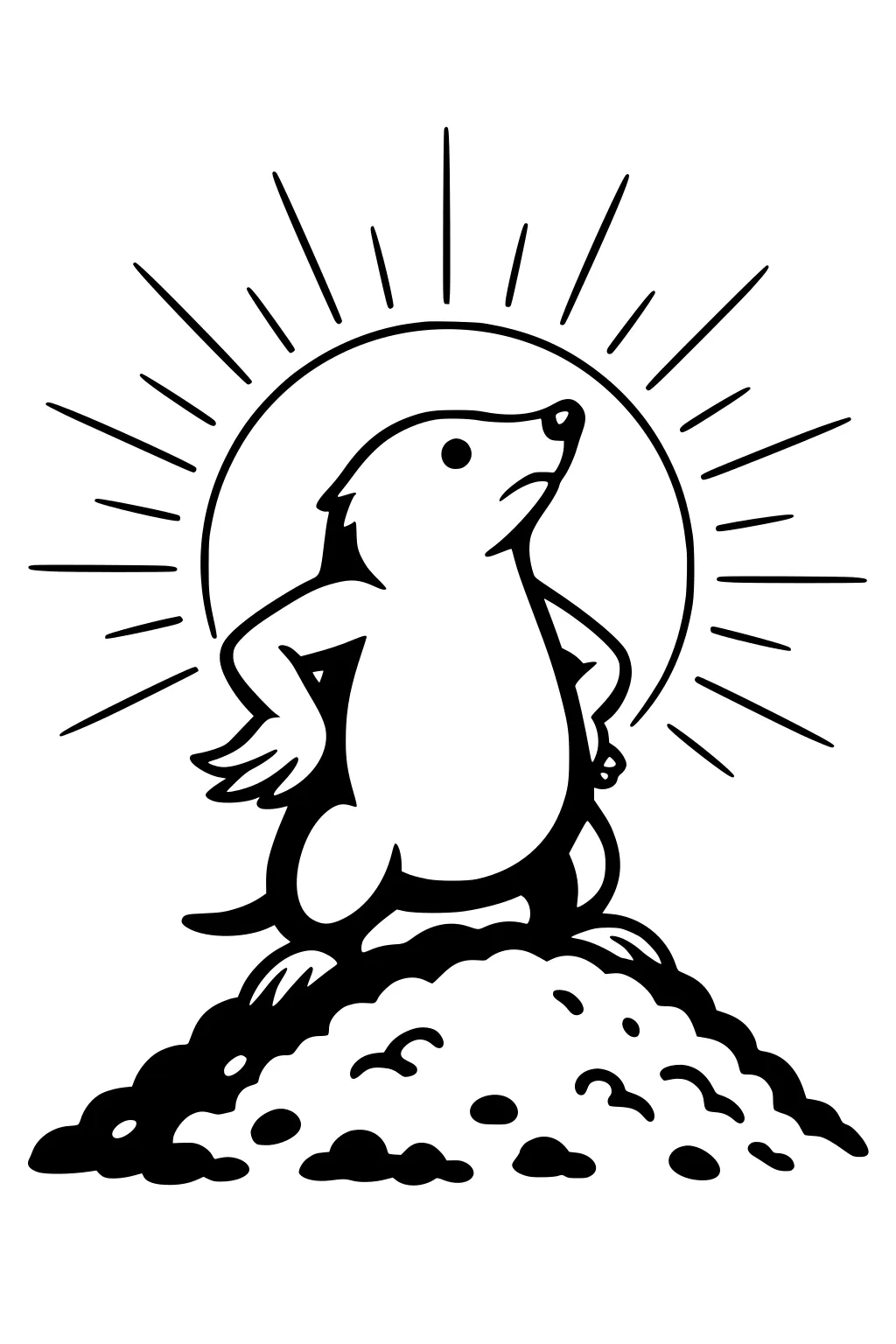 Mole stands on a dirt mound with paws on hips. Sun rays shine behind its head. Bold lines, simple shapes.