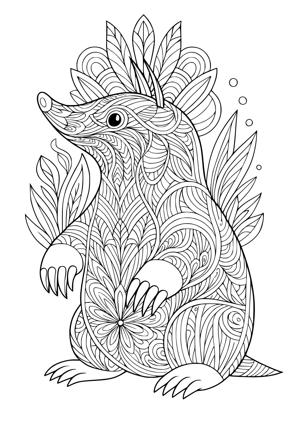 Mole with swirly patterned fur, big nose, sharp claws, and leafy plants in the background.