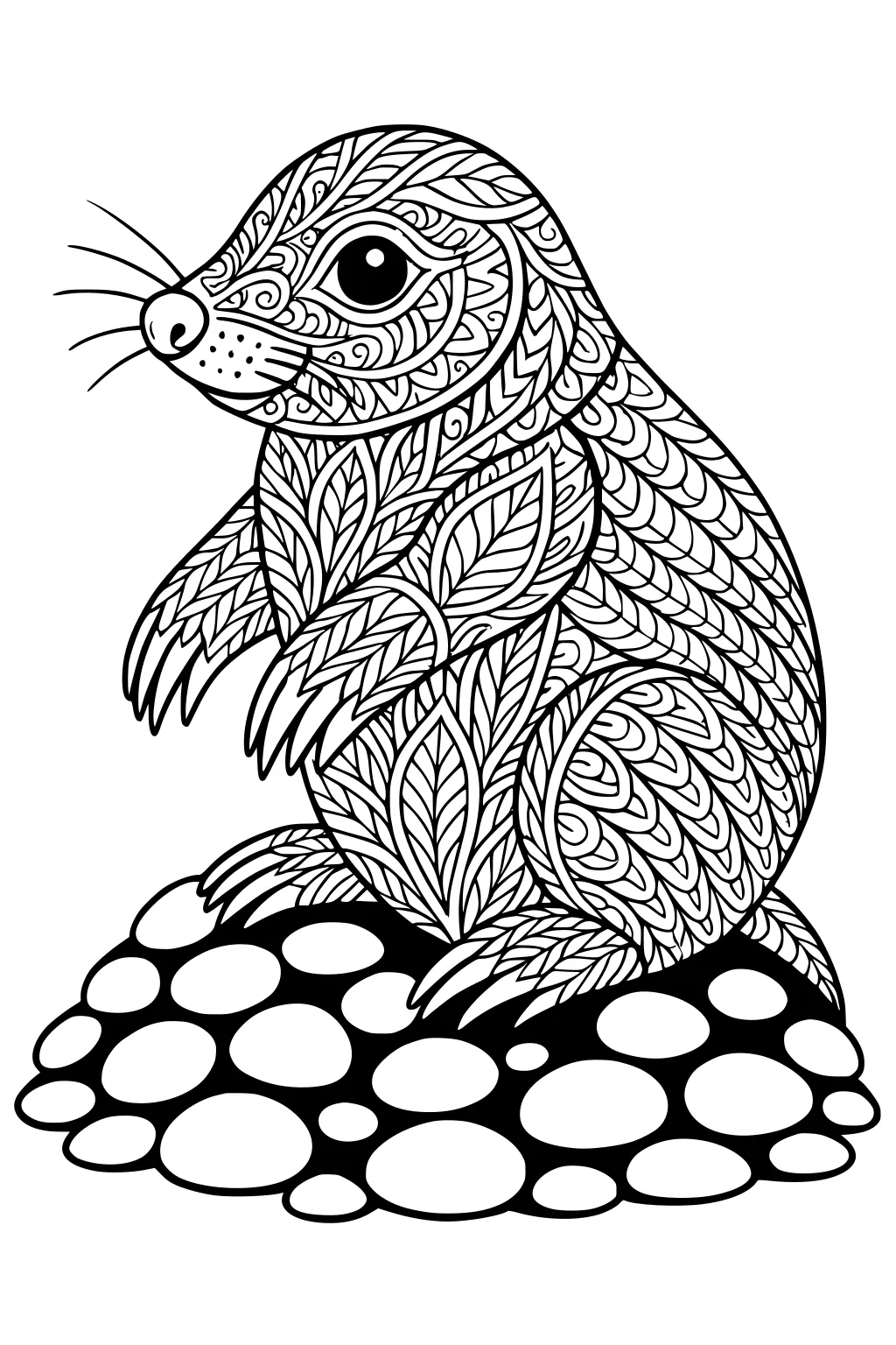A mole with patterned fur sits on a group of round stones. Its body is filled with leaf and spiral designs.