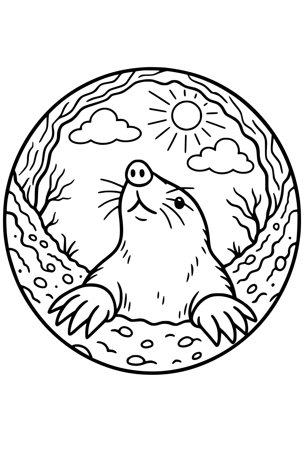 Mole with large paws emerges from a tunnel in the ground, sun and clouds above, roots and dirt details all around.