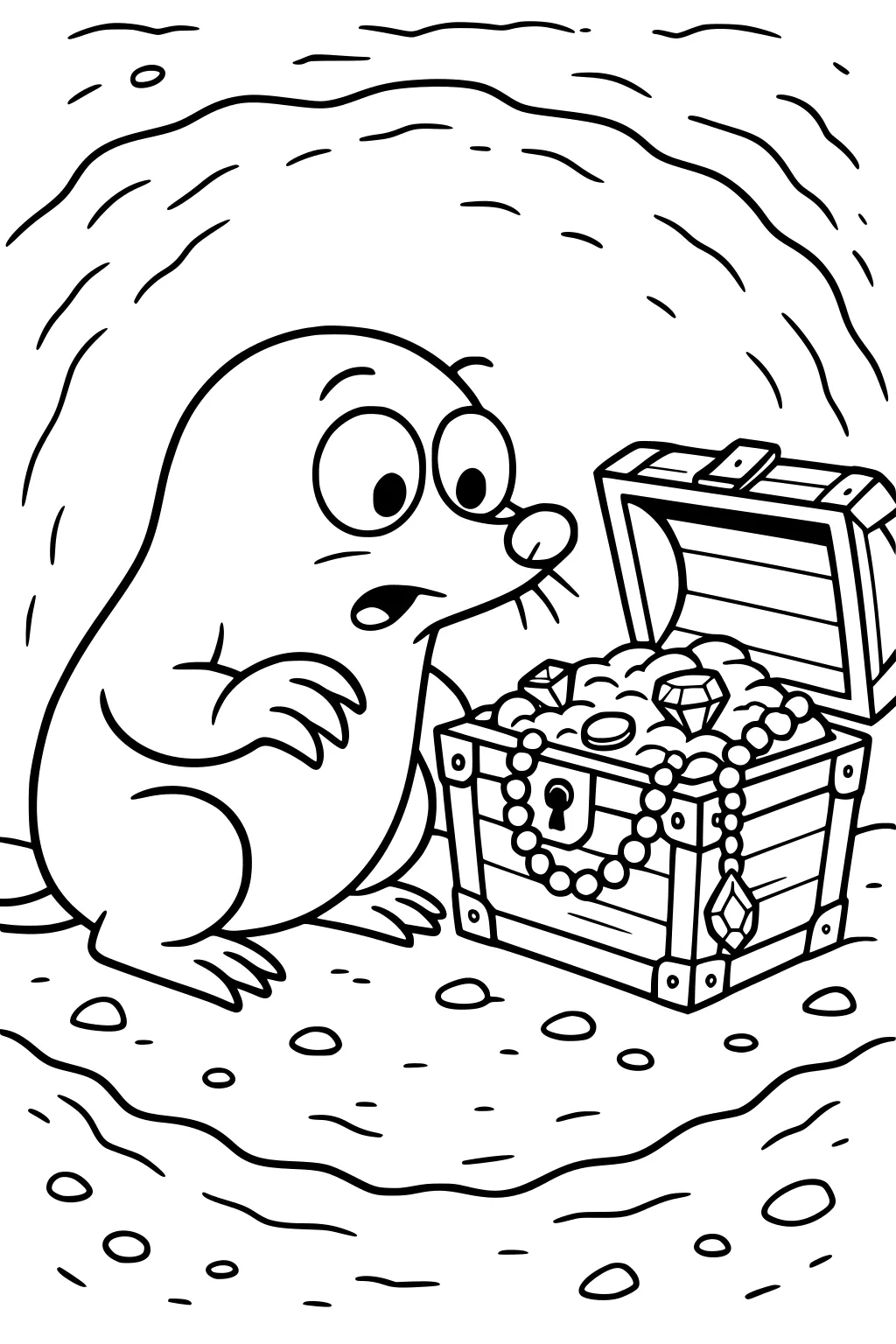Cartoon mole surprised by open treasure chest filled with gems and pearls in an underground tunnel.