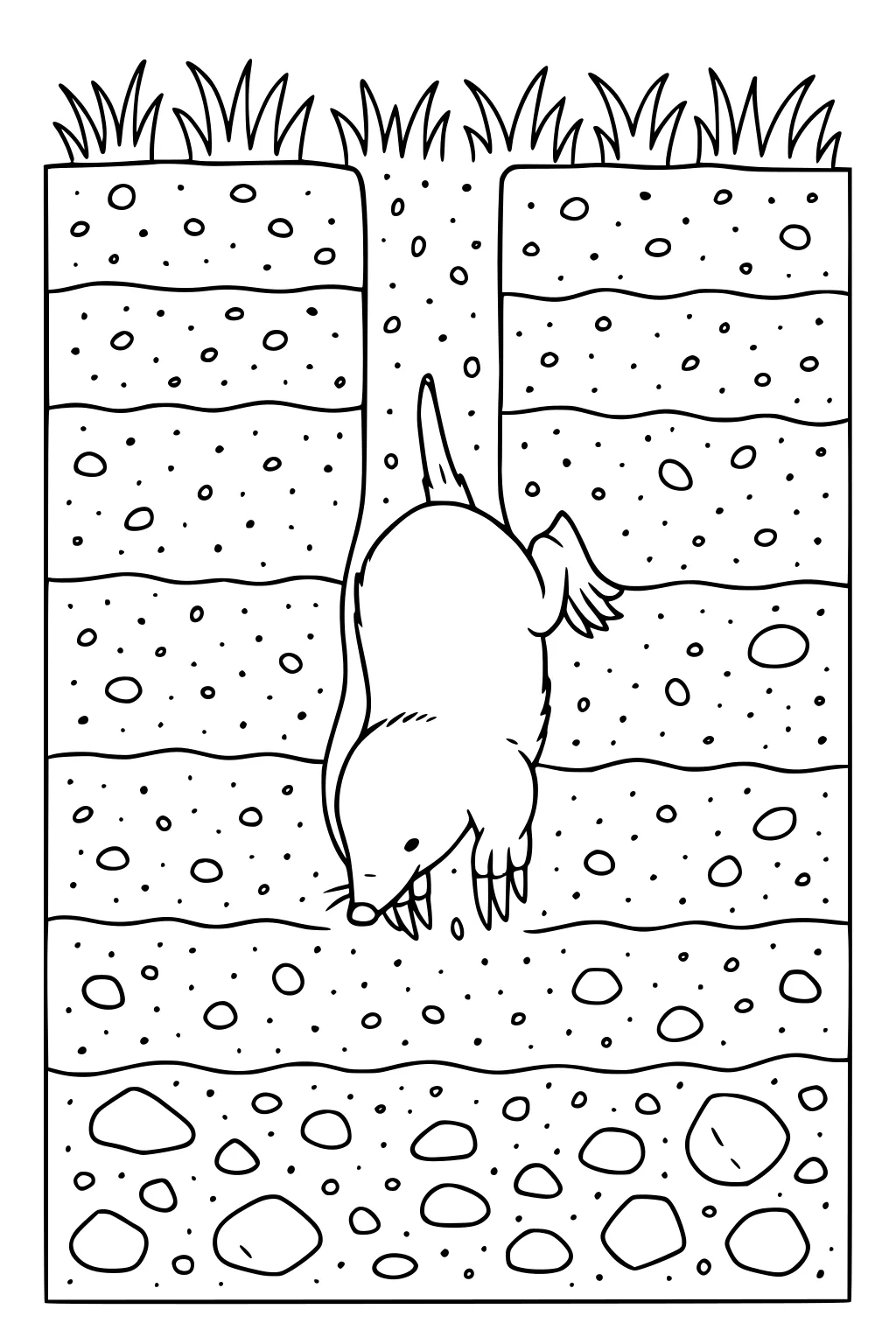 Mole digging in a tunnel underground, with rocks, soil layers, and grass above.
