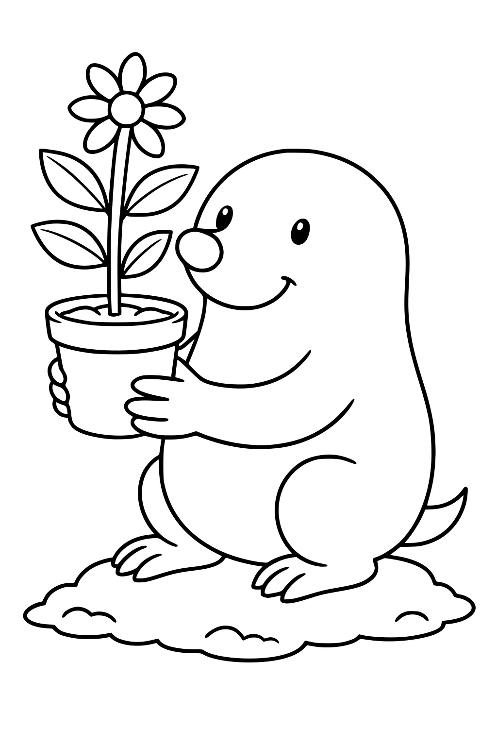 Smiling mole on dirt mound holding a flowerpot with a daisy flower, surrounded by leaves.