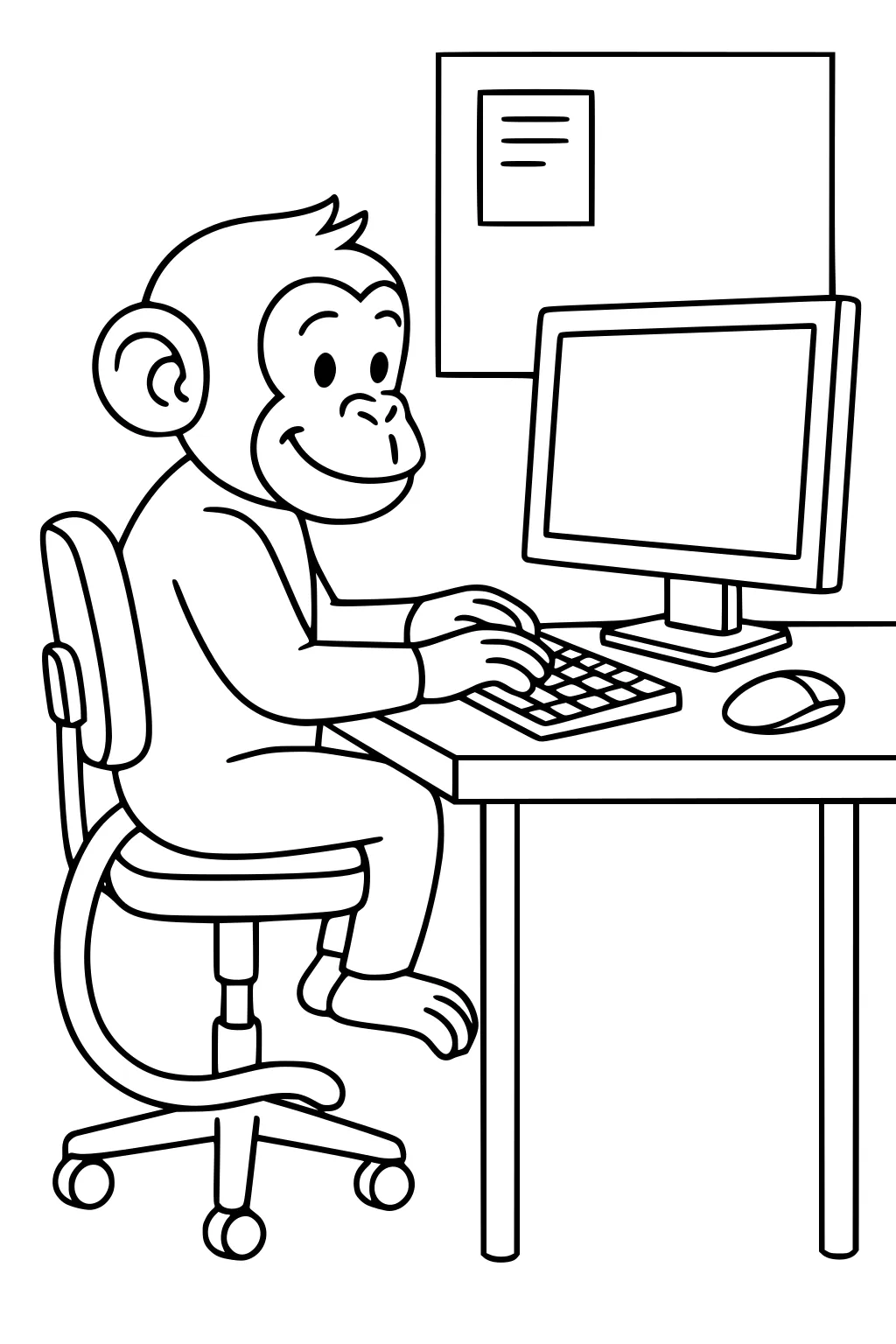 Monkey sitting in an office chair at a desk, typing on a computer keyboard, with monitor, mouse, and wall noticeboard.
