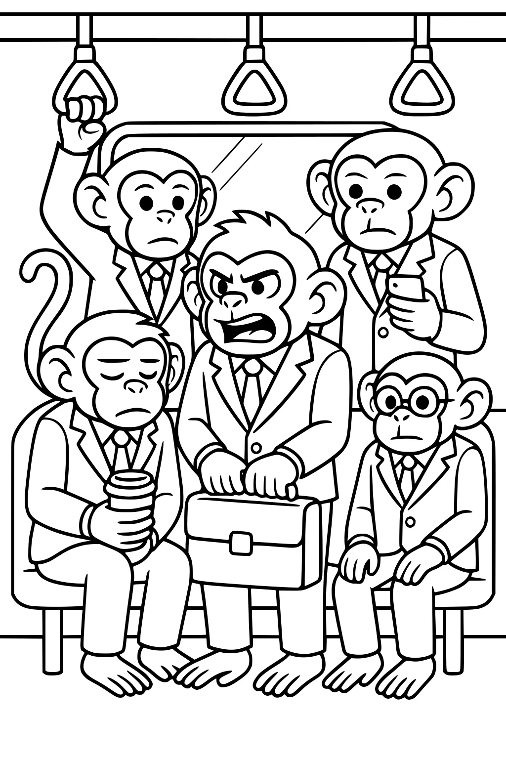 Five monkeys in suits ride a subway. One holds coffee, one holds a briefcase, one uses a phone, one has glasses, and one stands holding a strap.