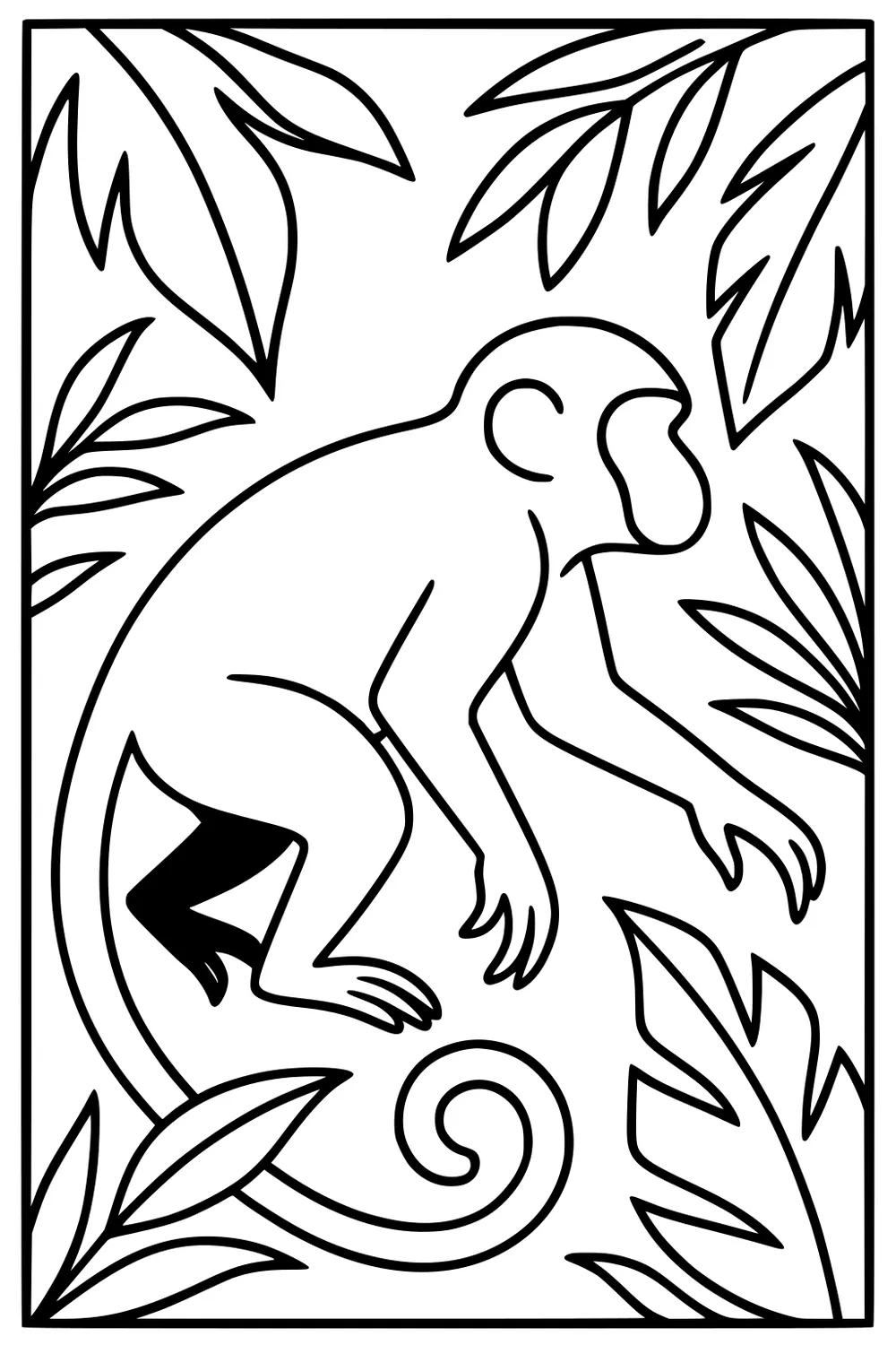 Monkey with a curled tail surrounded by large jungle leaves, drawn in thick black outlines.