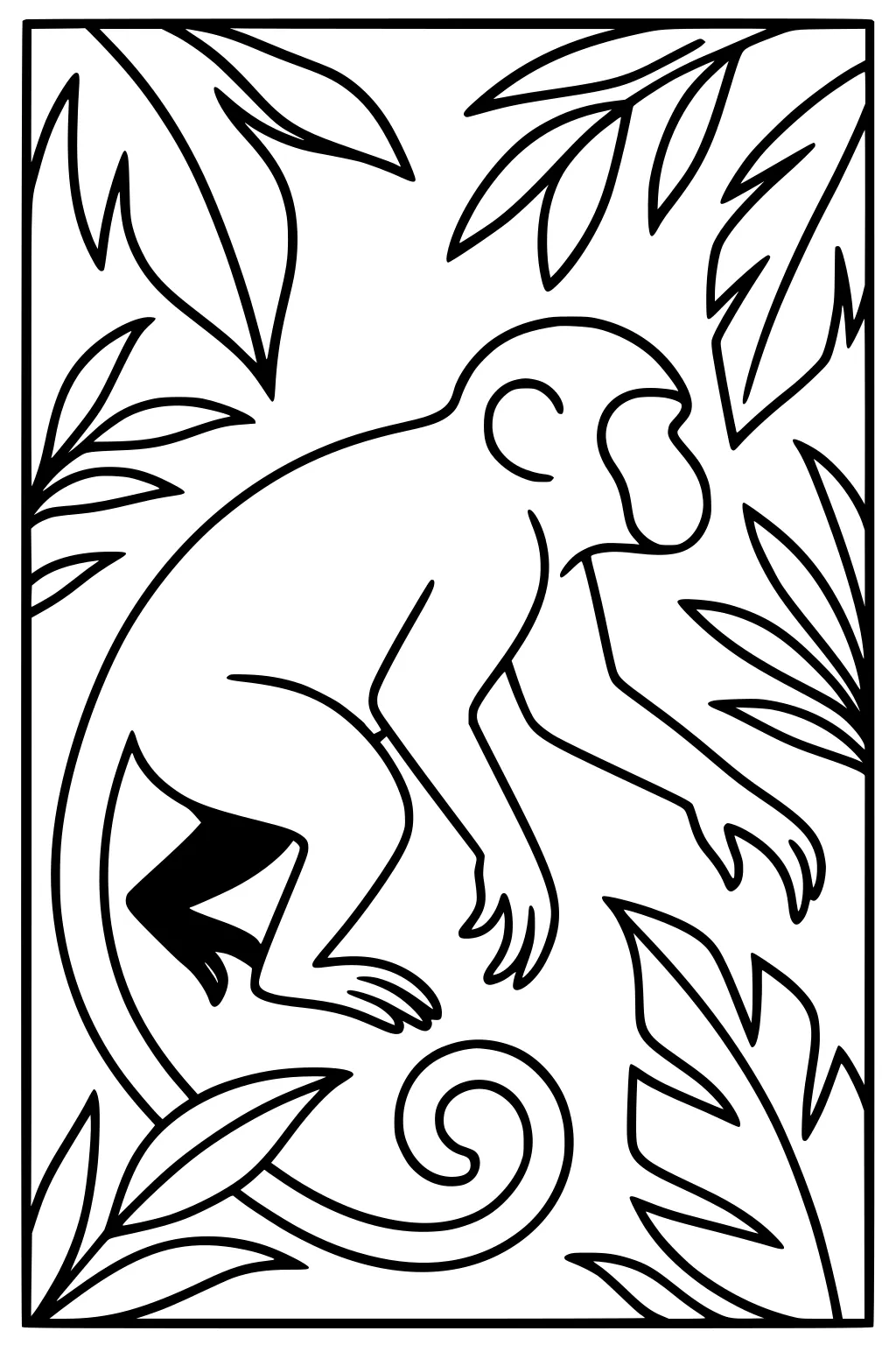 Monkey with a curled tail surrounded by large jungle leaves, drawn in thick black outlines.
