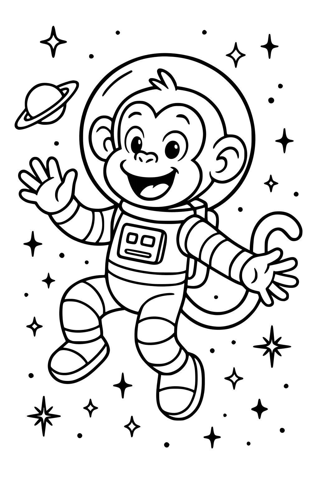 Monkey in a spacesuit waving in outer space with stars and a ringed planet nearby.