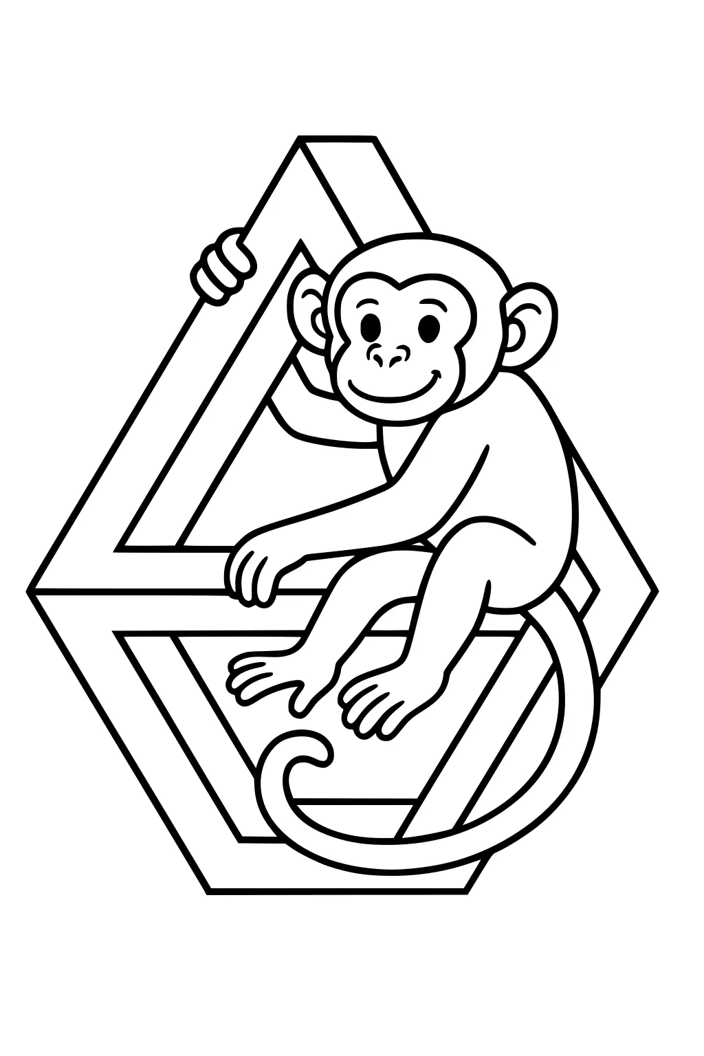 Smiling monkey hanging onto a large triangle shape, gripping with hands and tail.