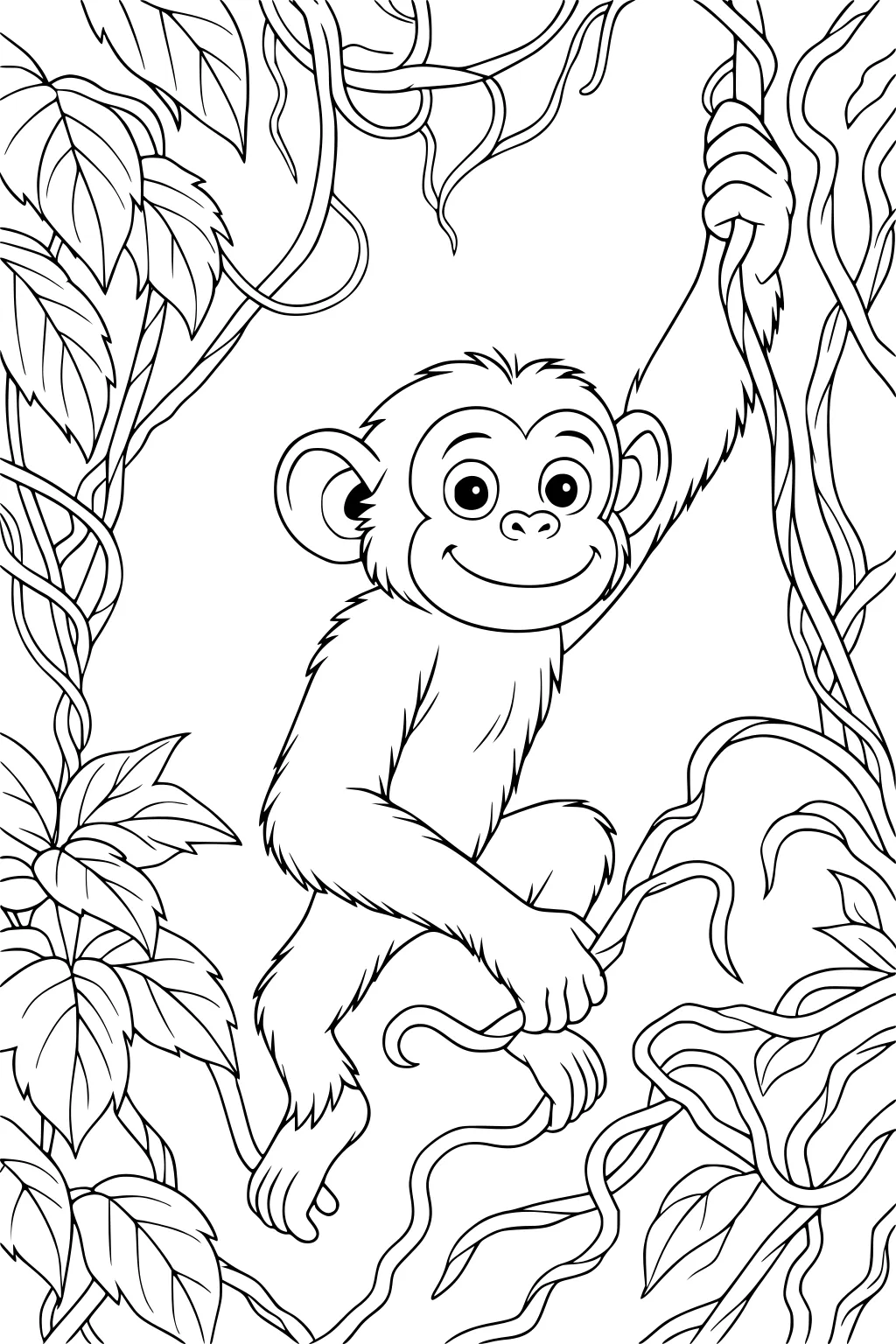 Young monkey with a big smile swings on a vine surrounded by large twisting jungle leaves and vines.
