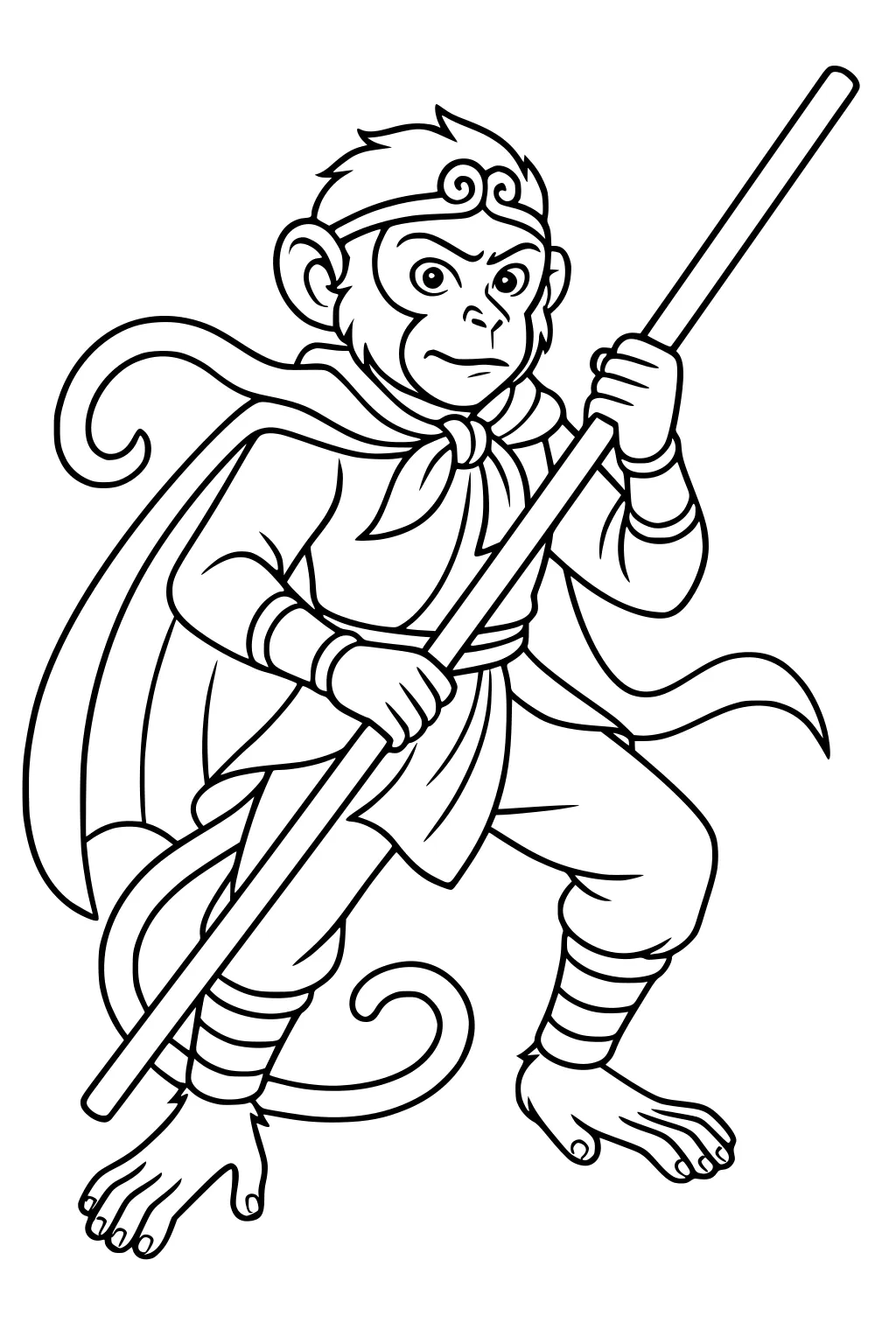 Monkey with cape and headband holding a staff, standing on two feet with tail curled behind.