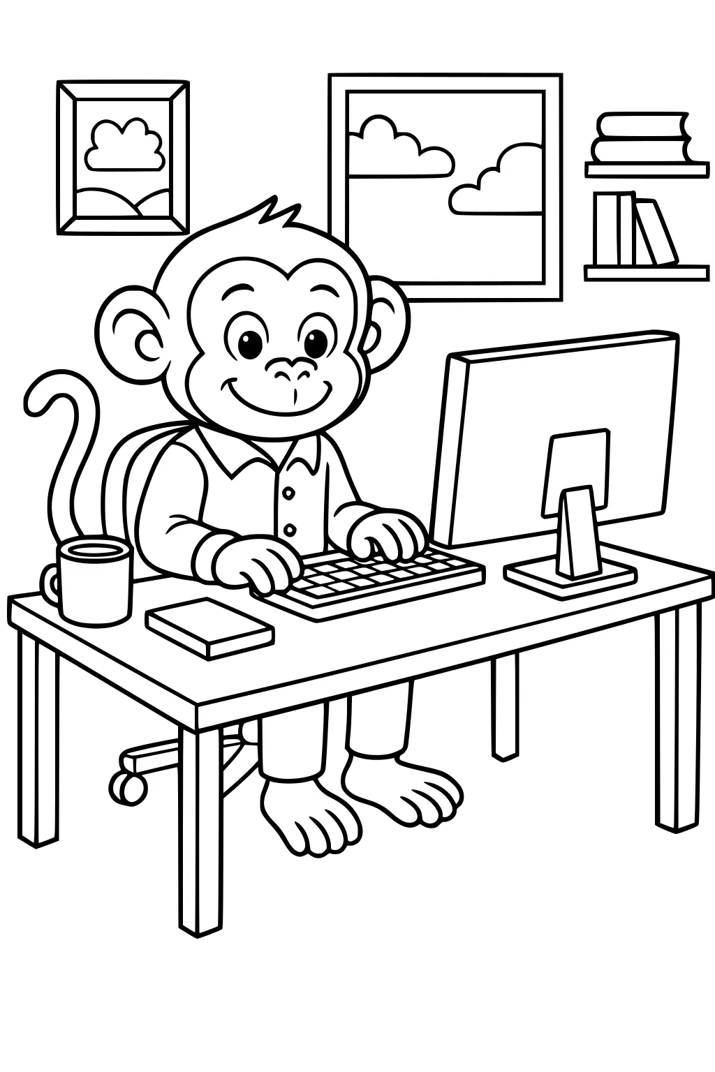 Monkey in a buttoned shirt sitting at a desk with a computer, books, mug, and window views of clouds.