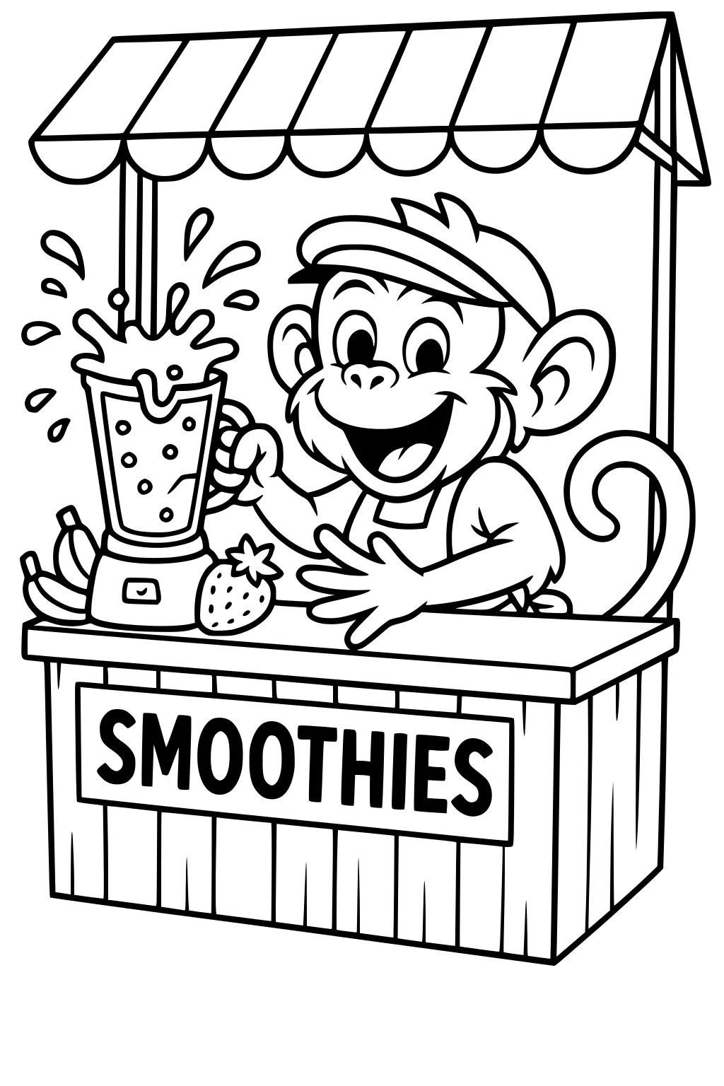 Monkey in a hat blending fruit at a smoothie stand with bananas, a strawberry, and smoothie splashing from the blender.