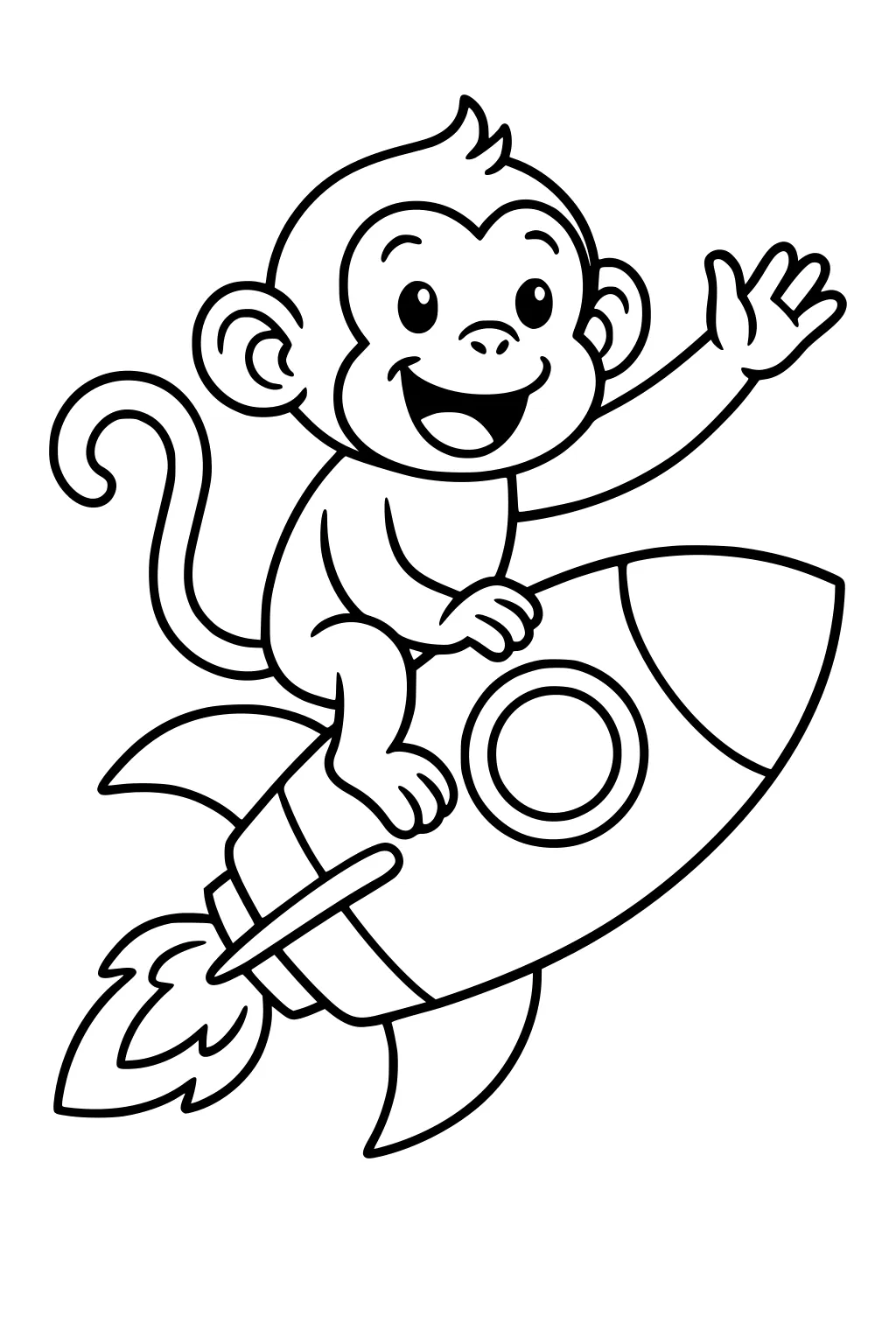 Monkey waving and riding a rocket with flames and a circular window, drawn in a cartoon style.